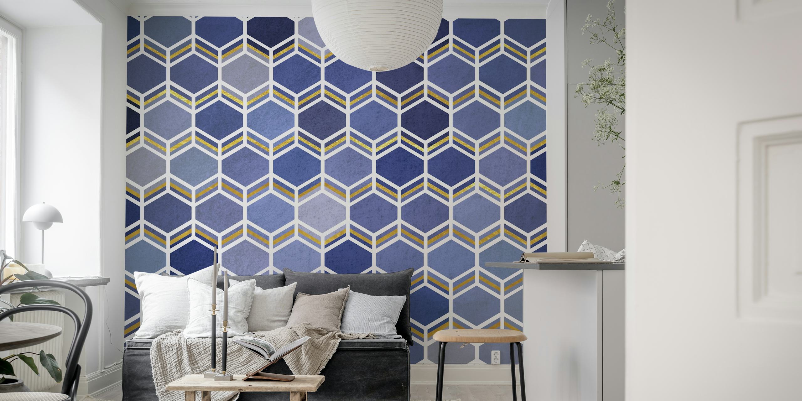Design de papier peint hexagonal Indigo dans la pièce