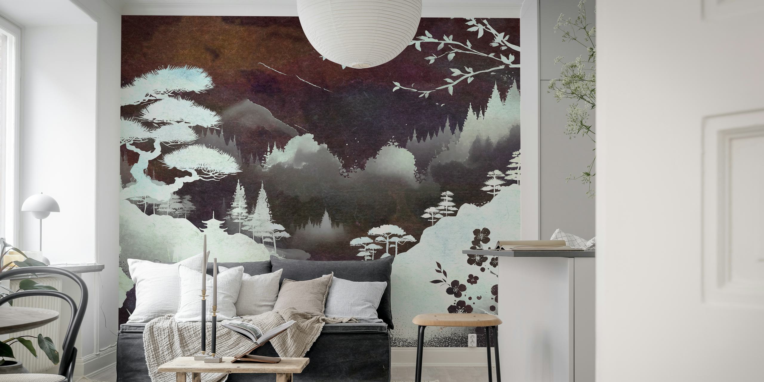 Misty Japandi Forest black and white wallpaper with trees and mountains
