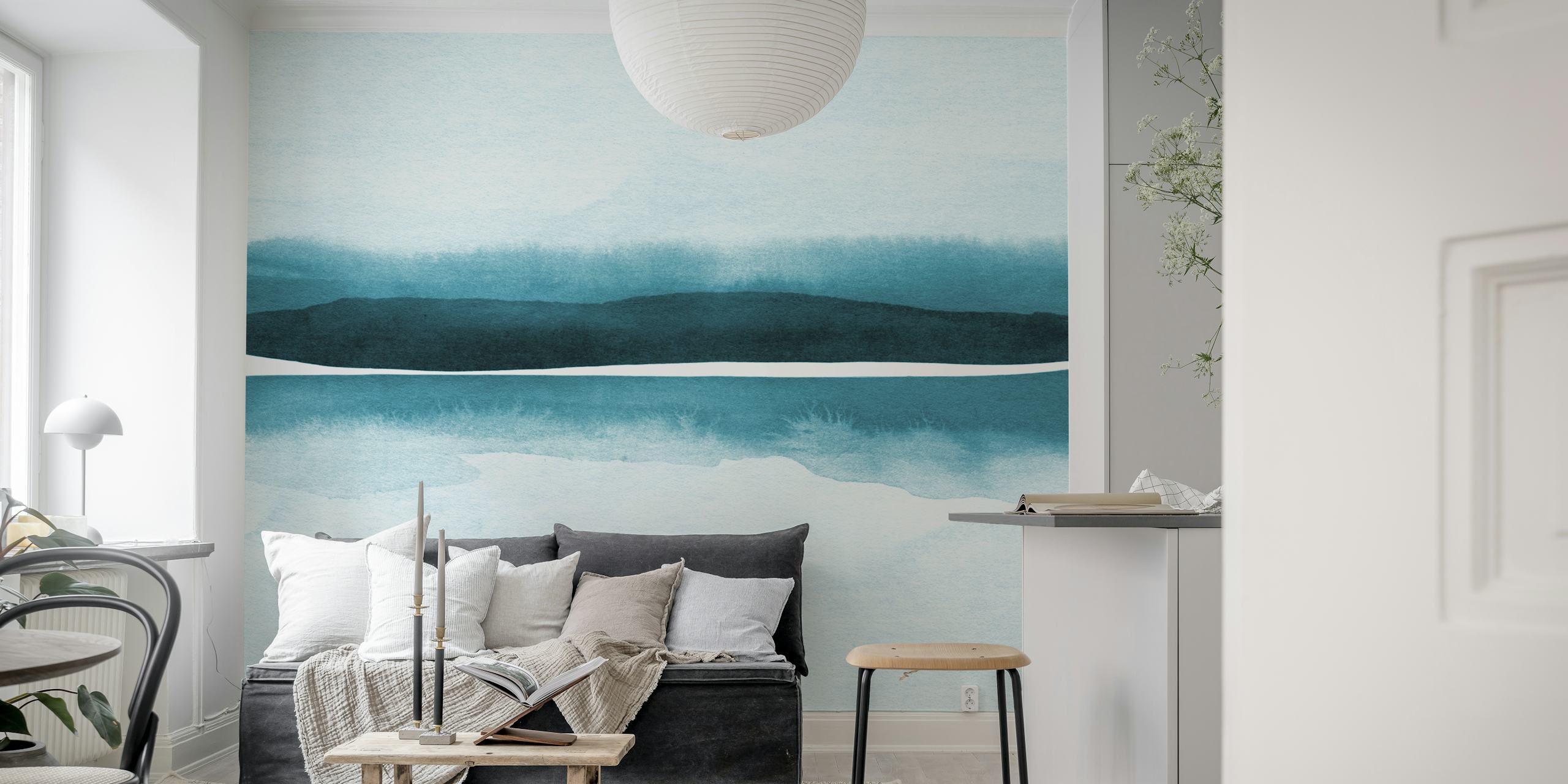 Paesaggio ad acquerello nei toni del verde acqua raffigurante un orizzonte sereno