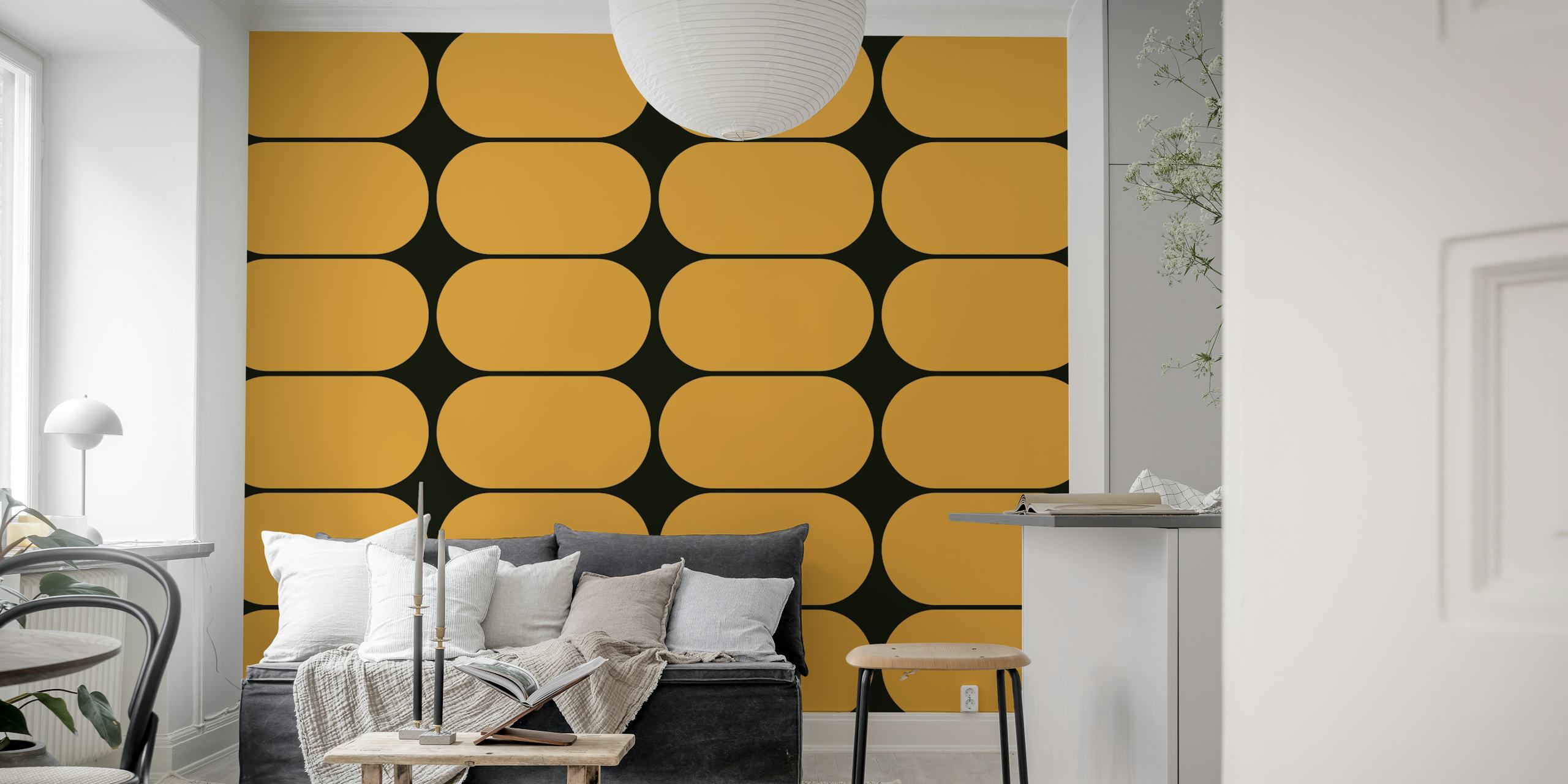 Muted geometric oval pattern in beige and black wallpaper