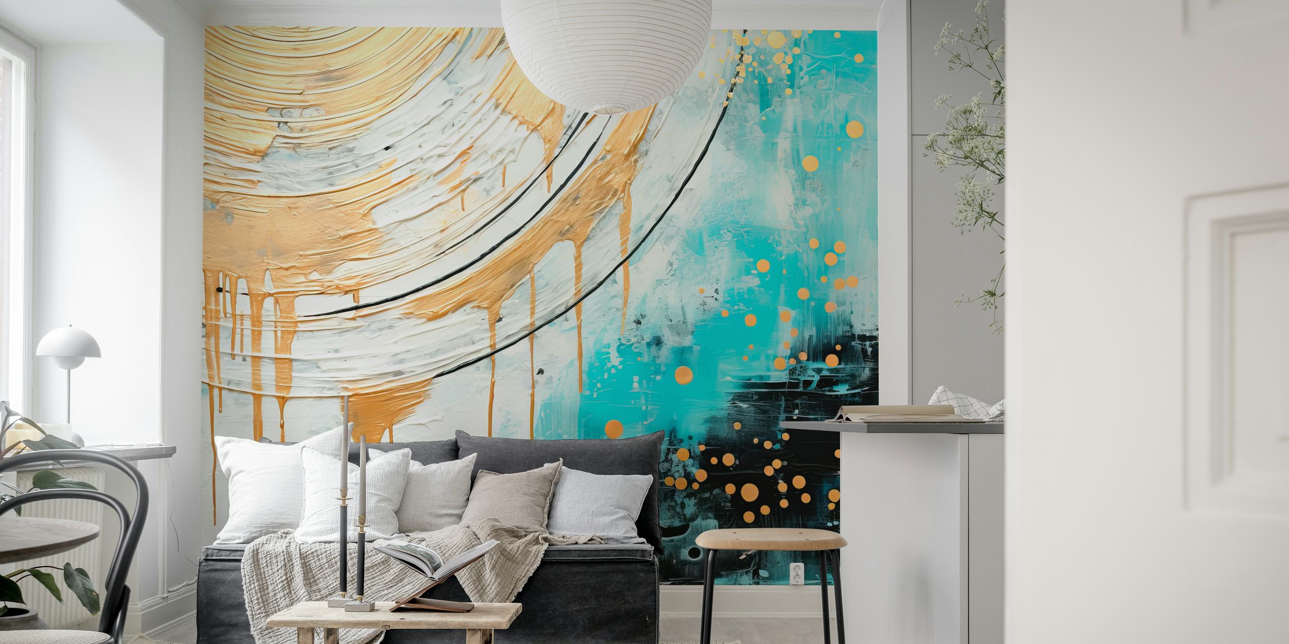 Melting sun abstract art wallpaper in a room