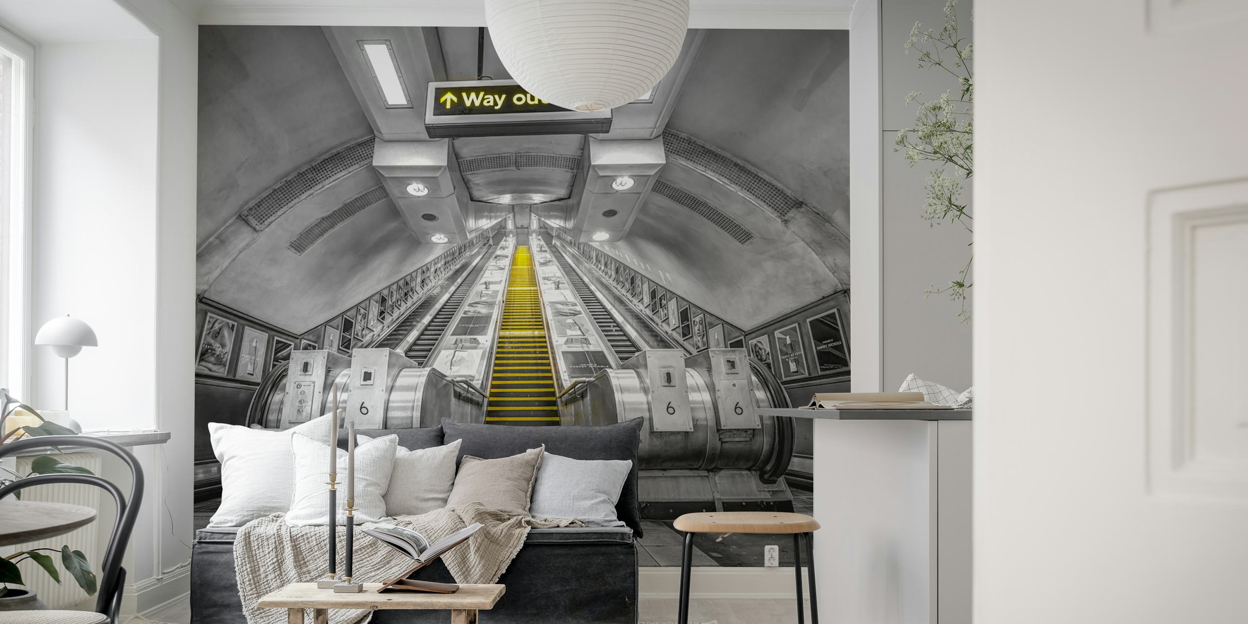 London Tube escalators in a room setting.