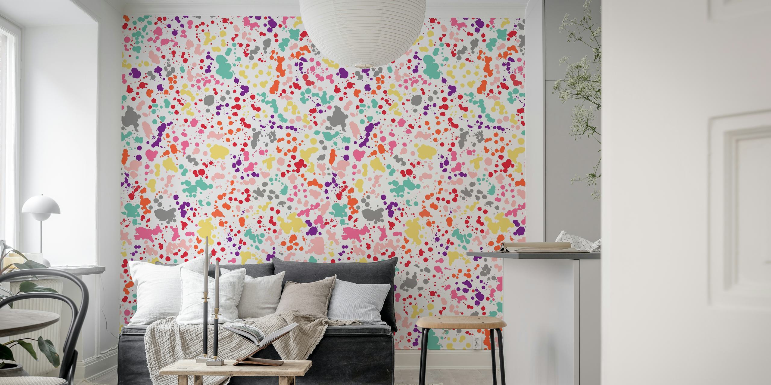 Colorful splatter wallpaper in a room