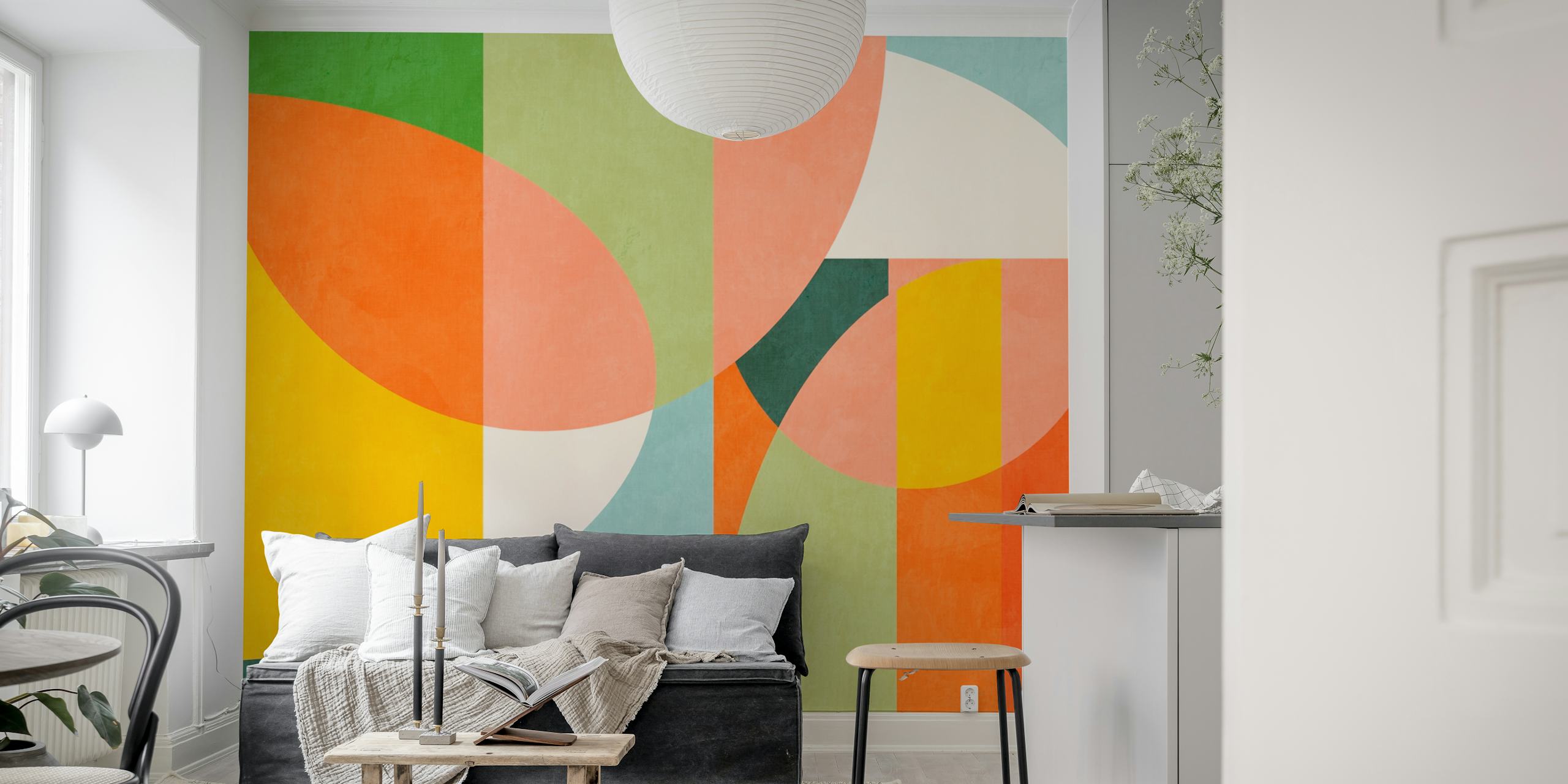 Färgglad mid-century abstract tapet i ett rum