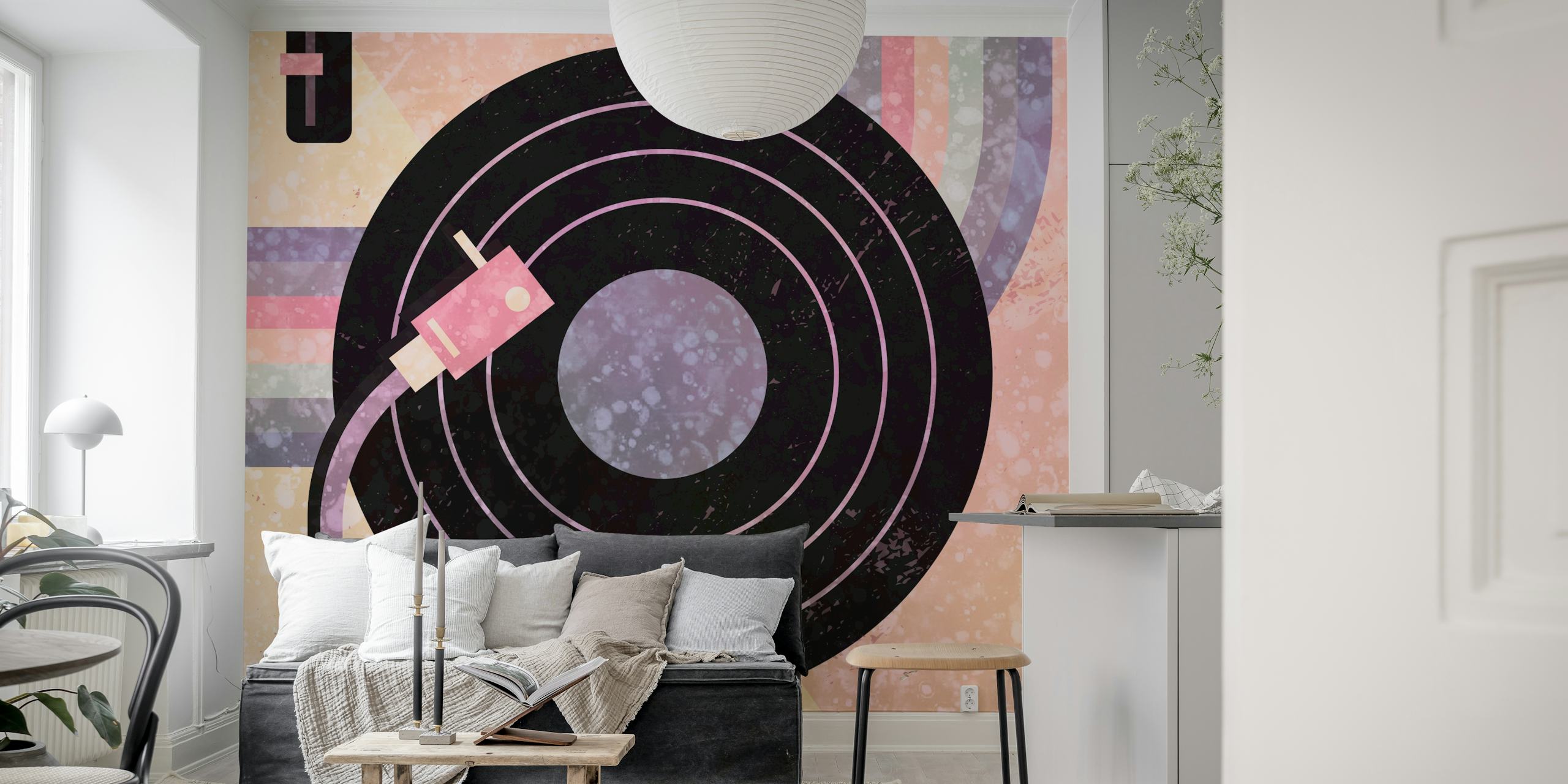 Vintage record player with pink tones and abstract patterns wallpaper