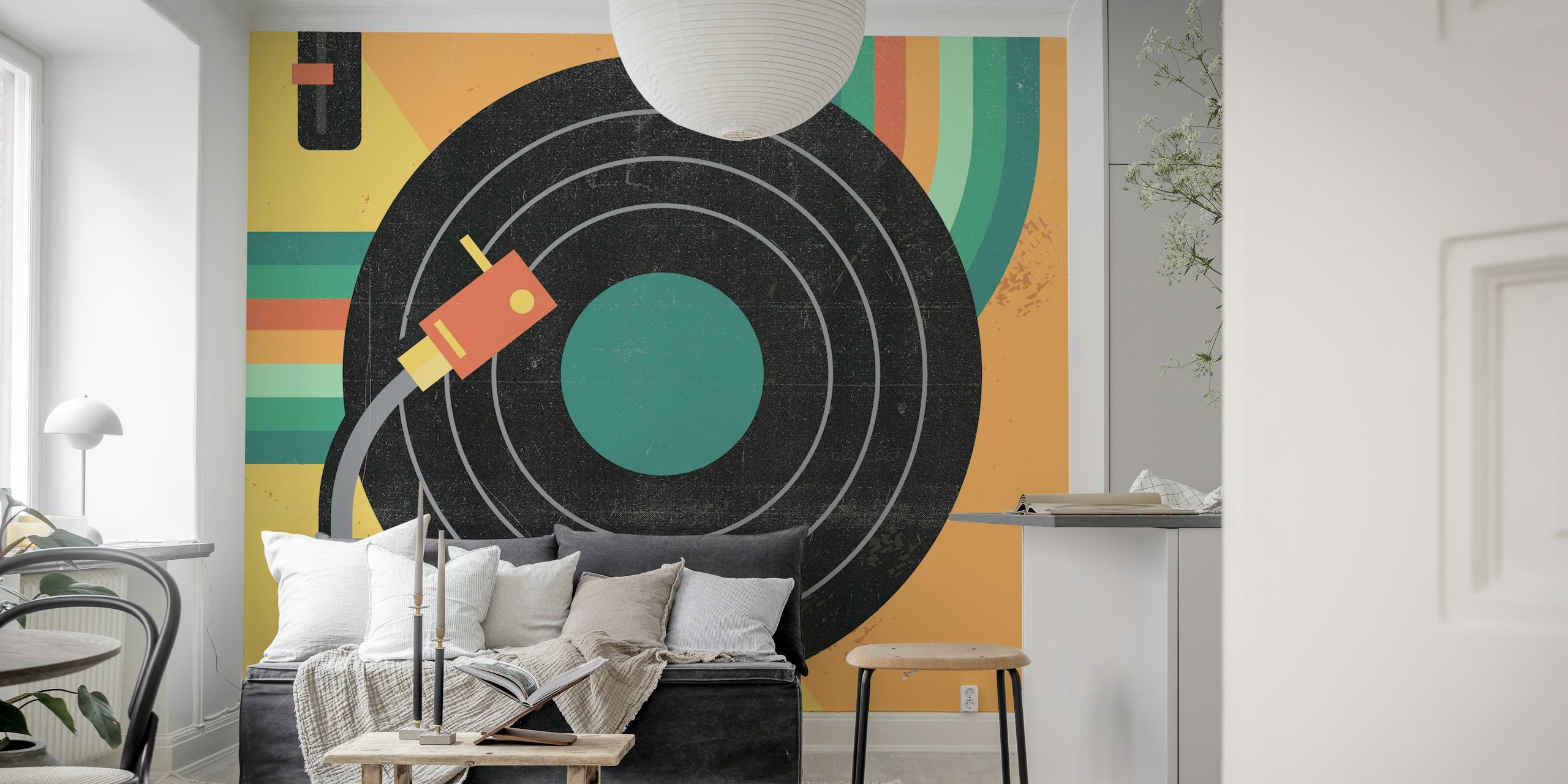 Vinyl record and turntable arm wall mural with colorful geometric background