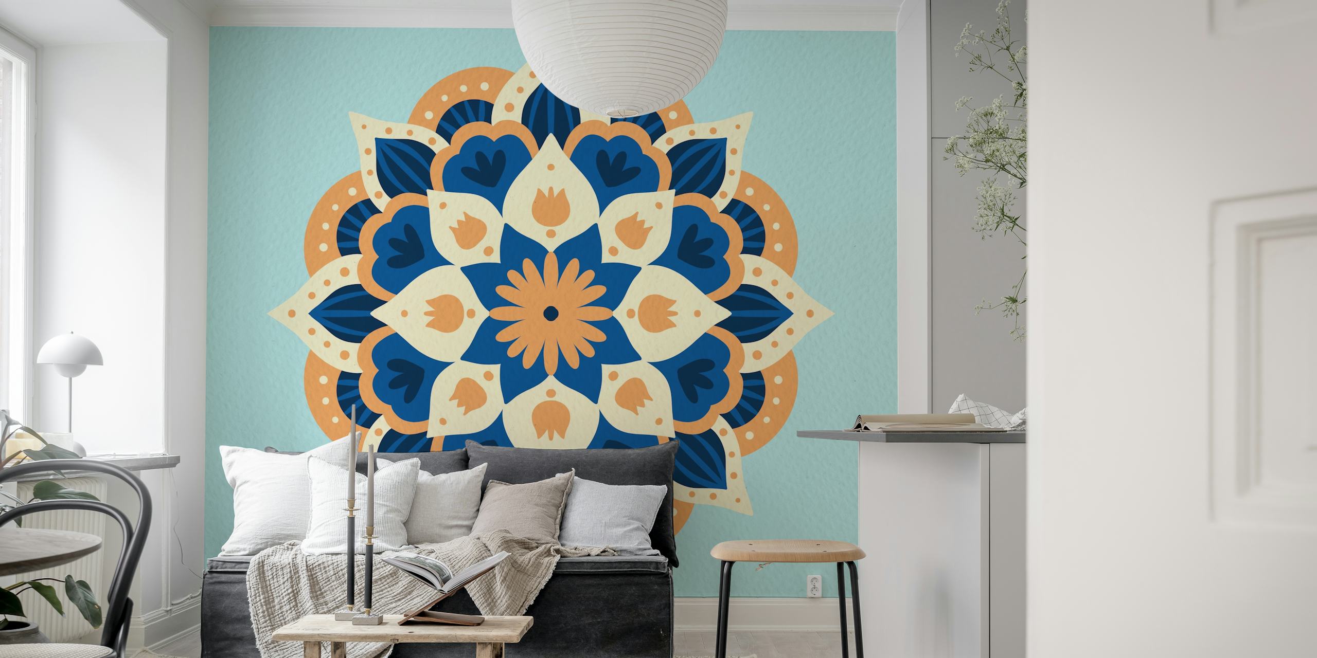 Πορτοκαλί μπλε Modern dahlia mandala ταπετσαρία