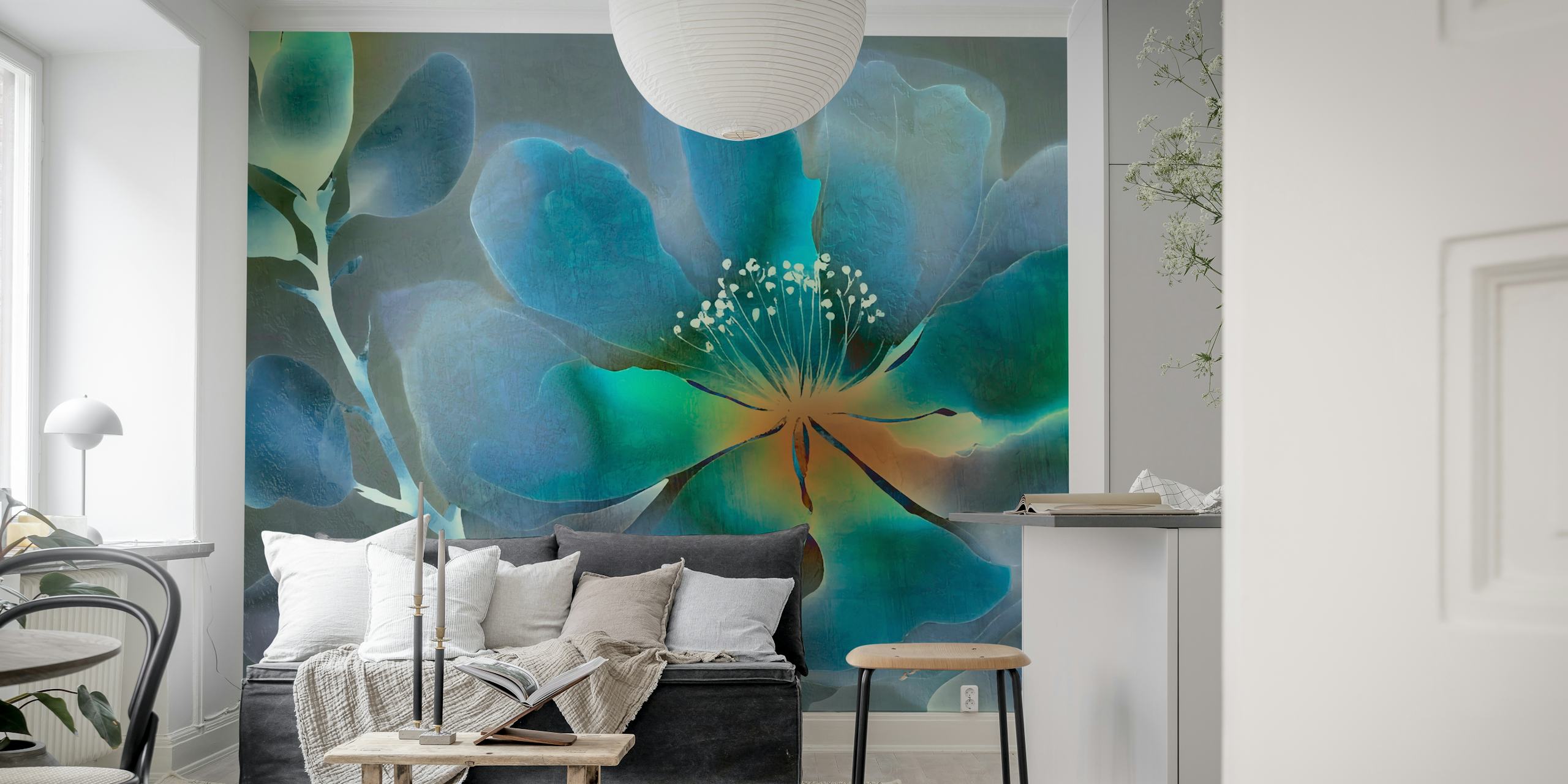 Op Azië geïnspireerde wabi-sabi bloemenmuurschildering met elegante bloemen met een rustige en natuurlijke uitstraling