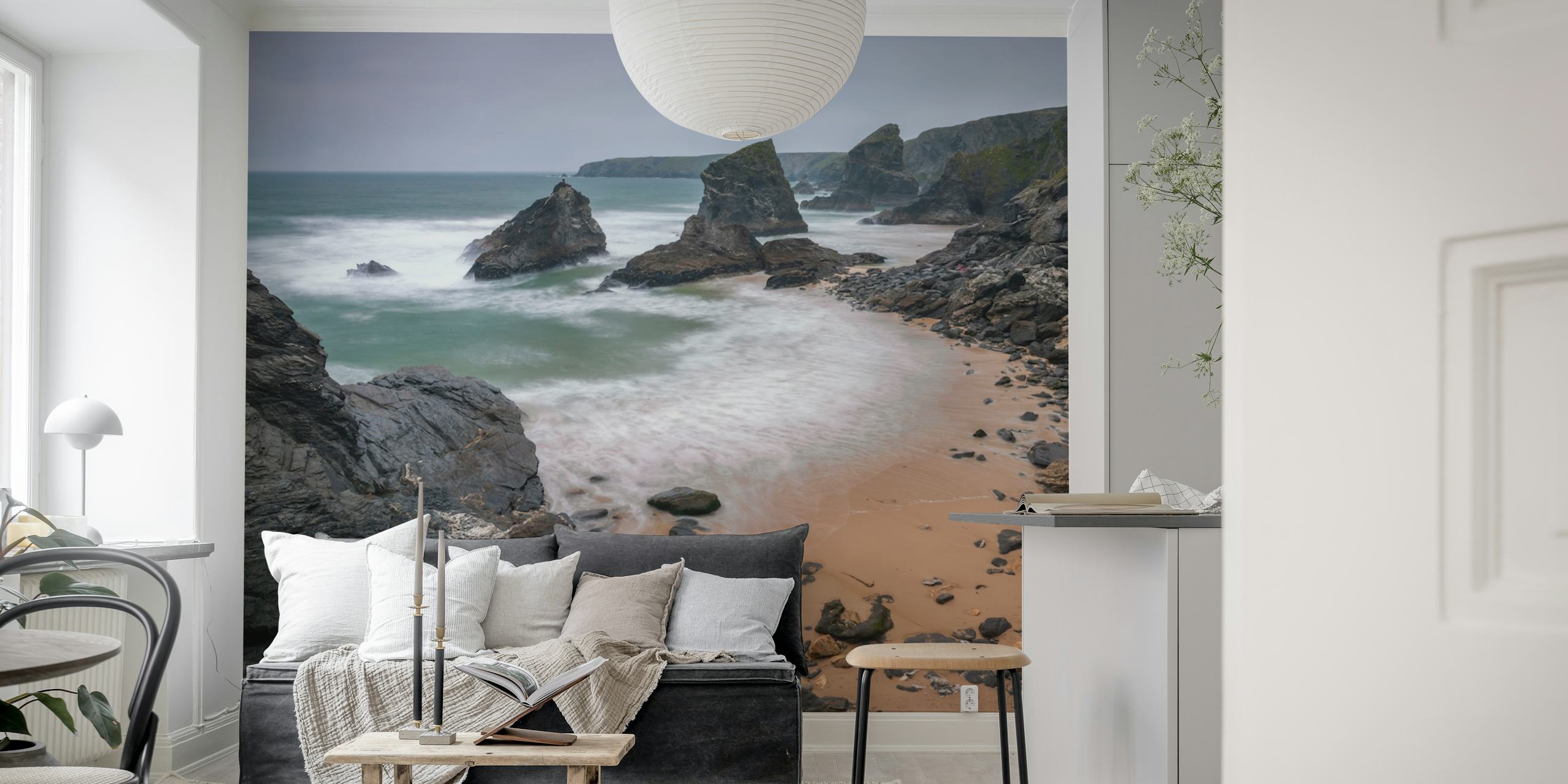Bedruthan Steps Coastline wall mural showing towering sea stacks and foamy waves