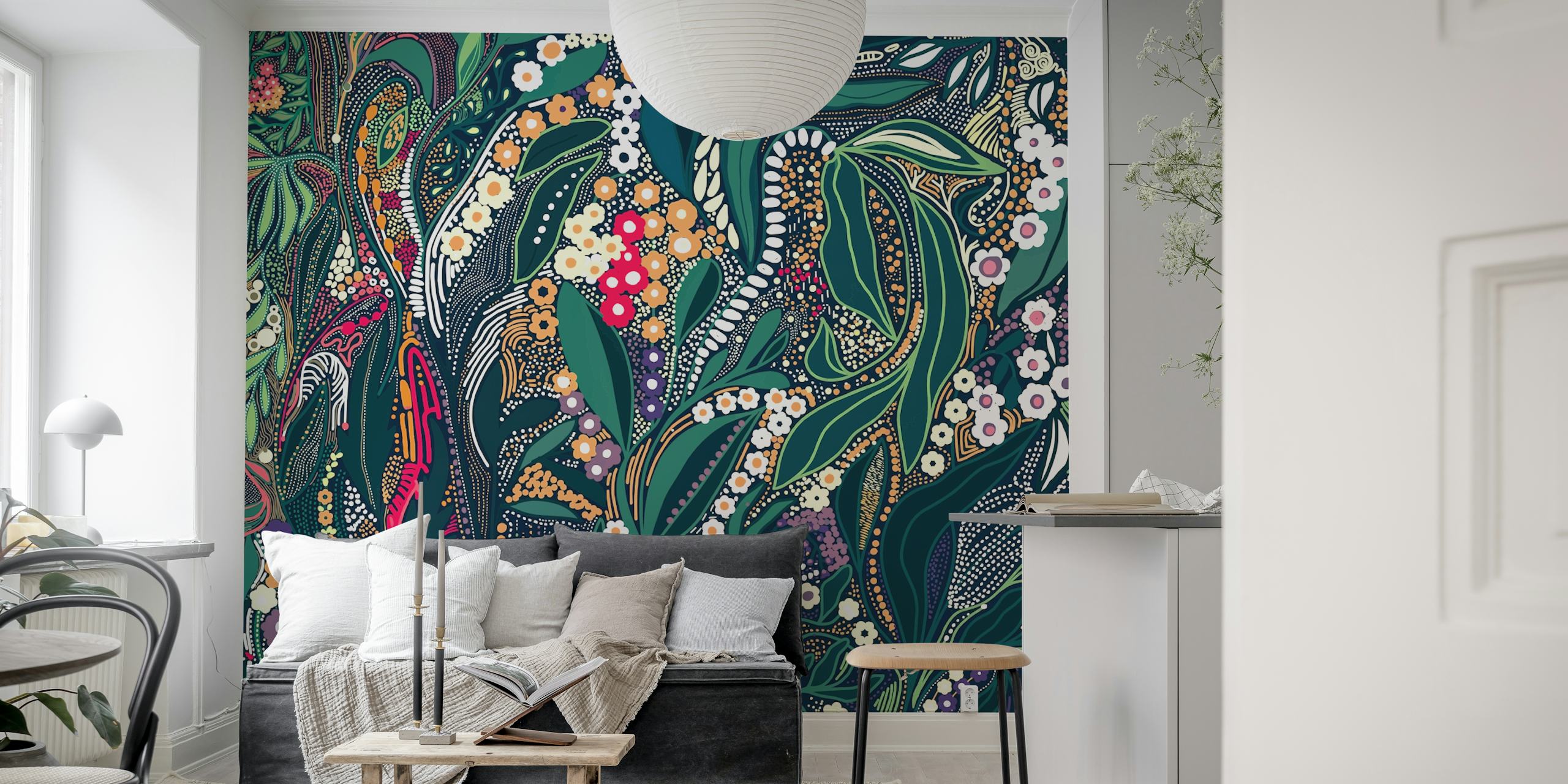 Wall mural featuring an intricate design of foliage, flowers, and patterns in lush colors.
