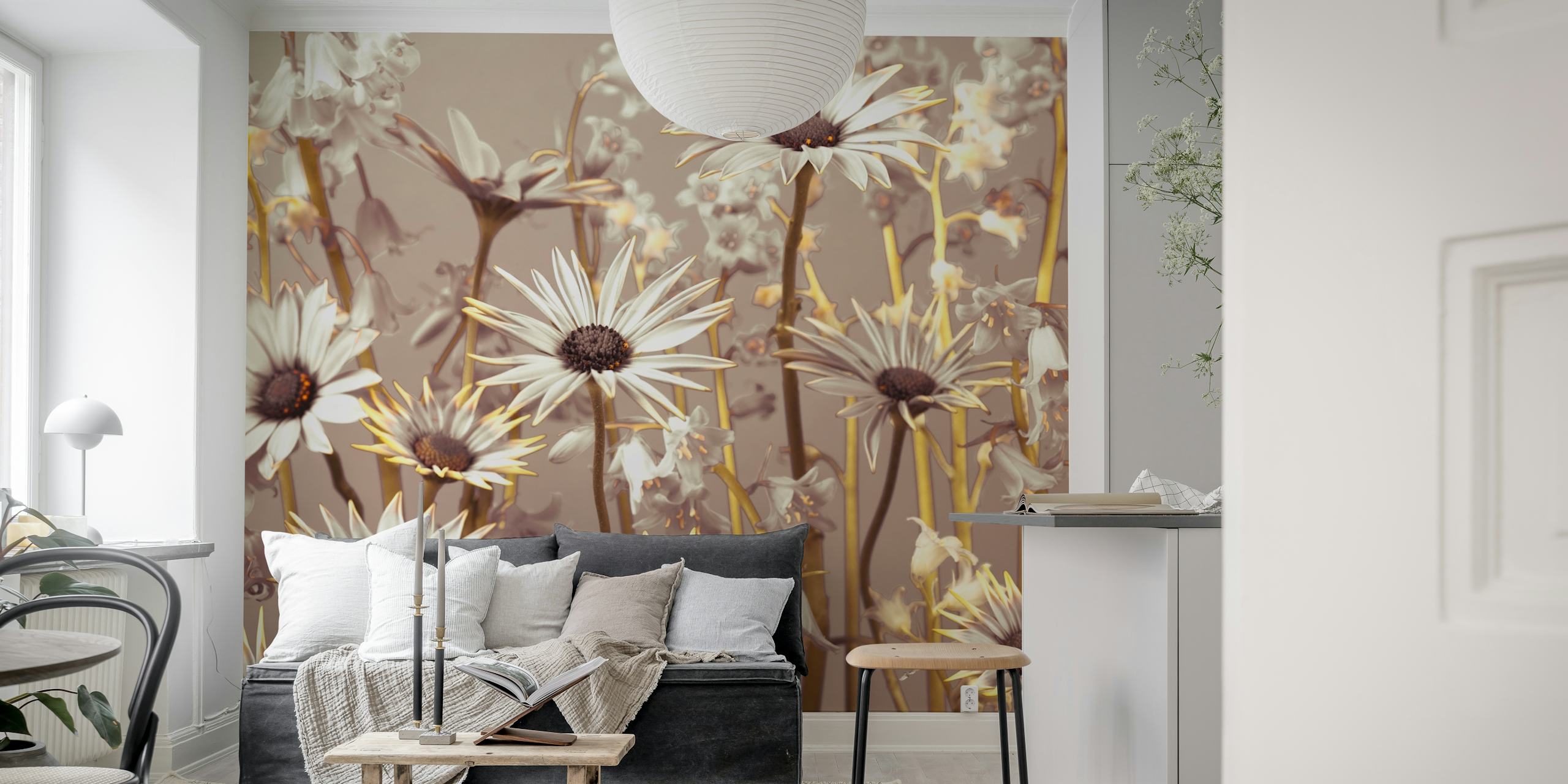 White flowers with grey background floral wallpaper