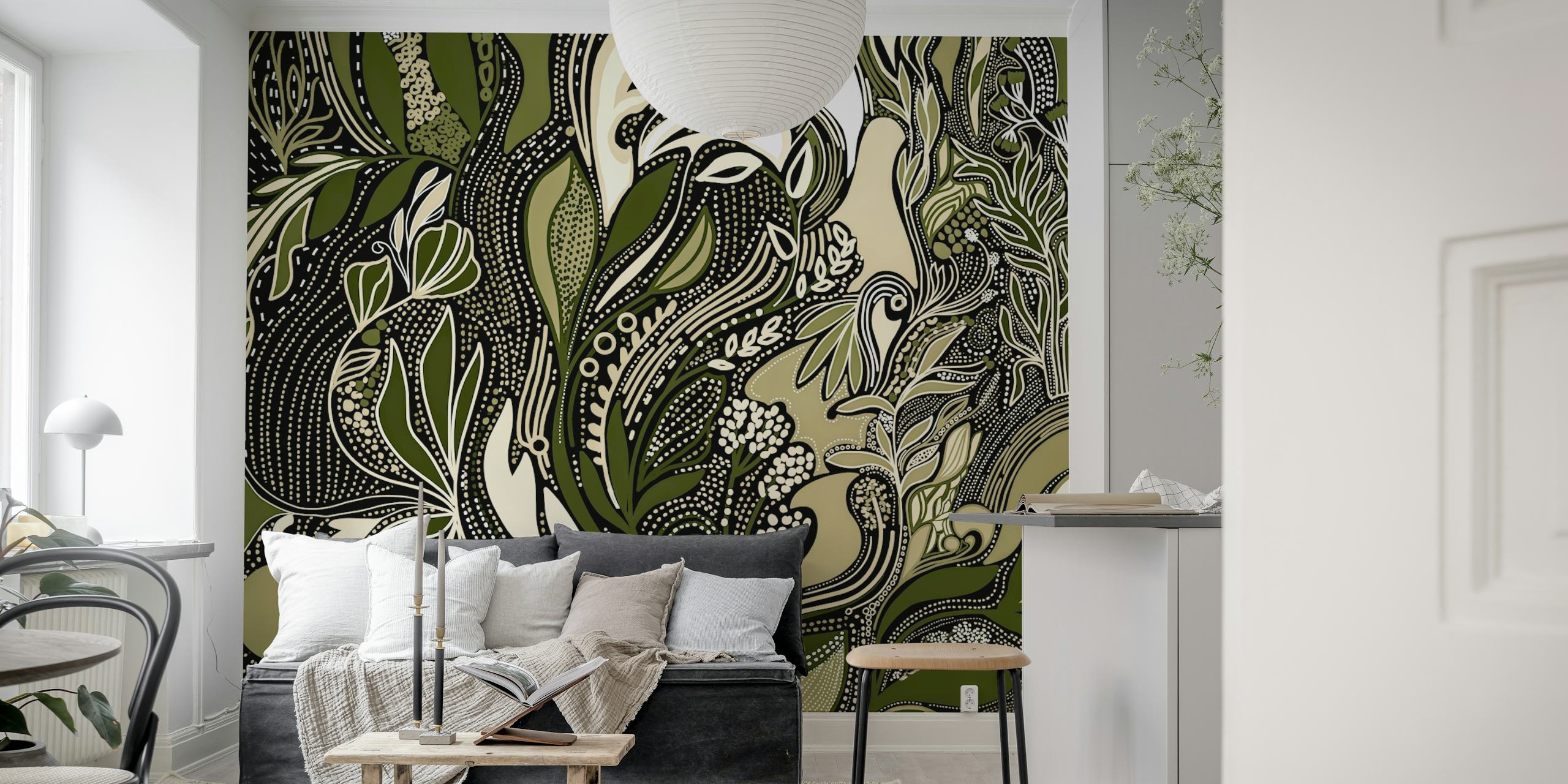 Botanical pattern in green and beige tones wallpaper