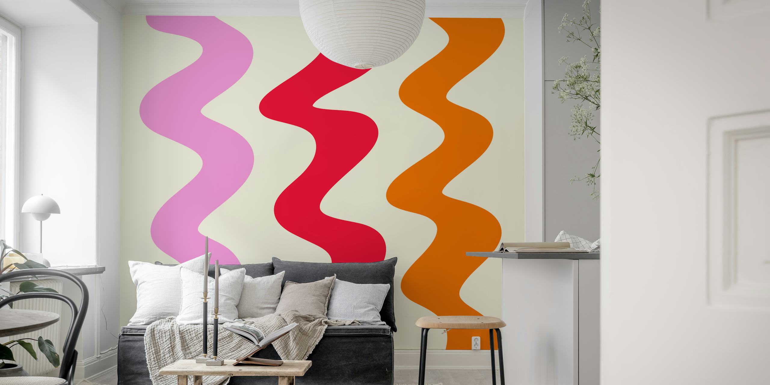 Wavy lines in pink, red, and orange on a light background wallpaper
