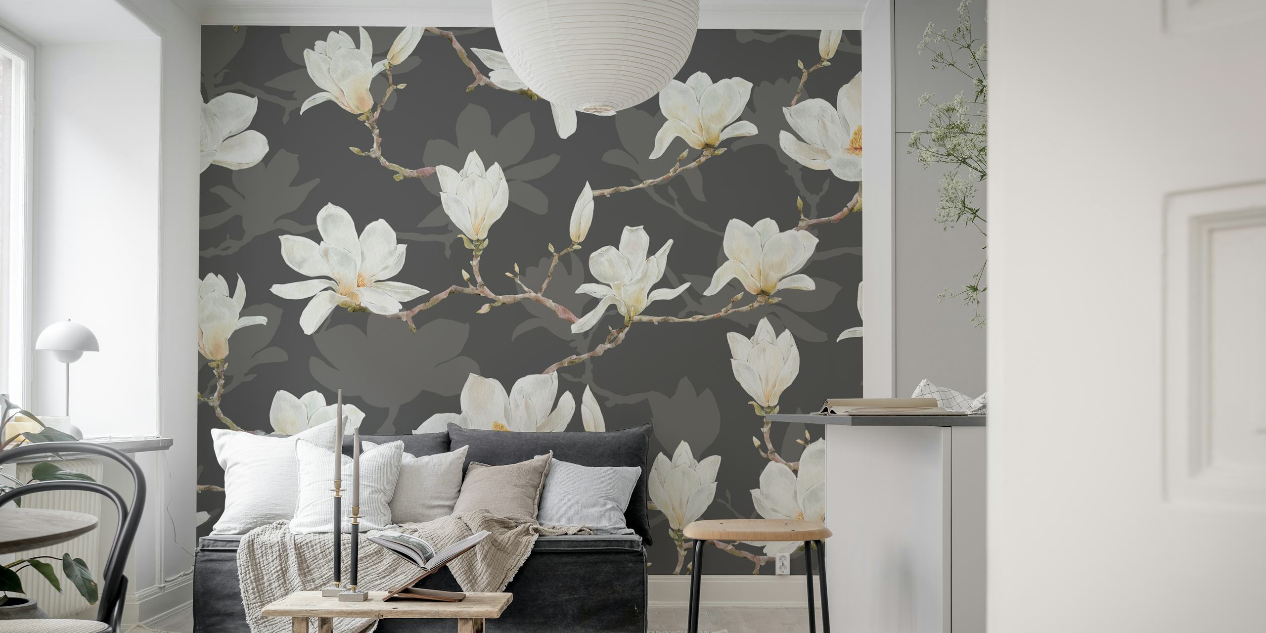 White magnolias on gray background floral wallpaper
