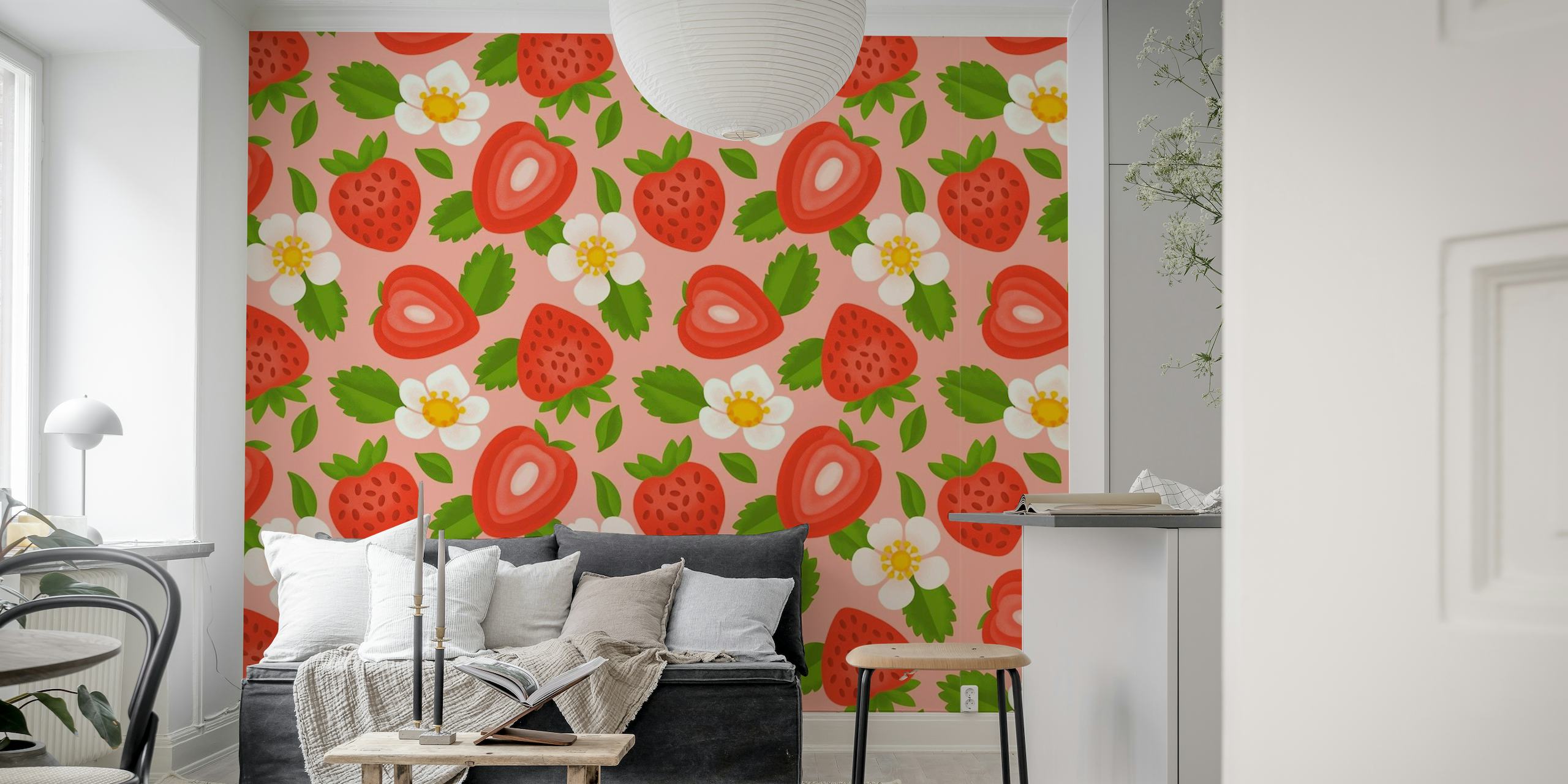 Fresh Strawberries on Pink wallpaper