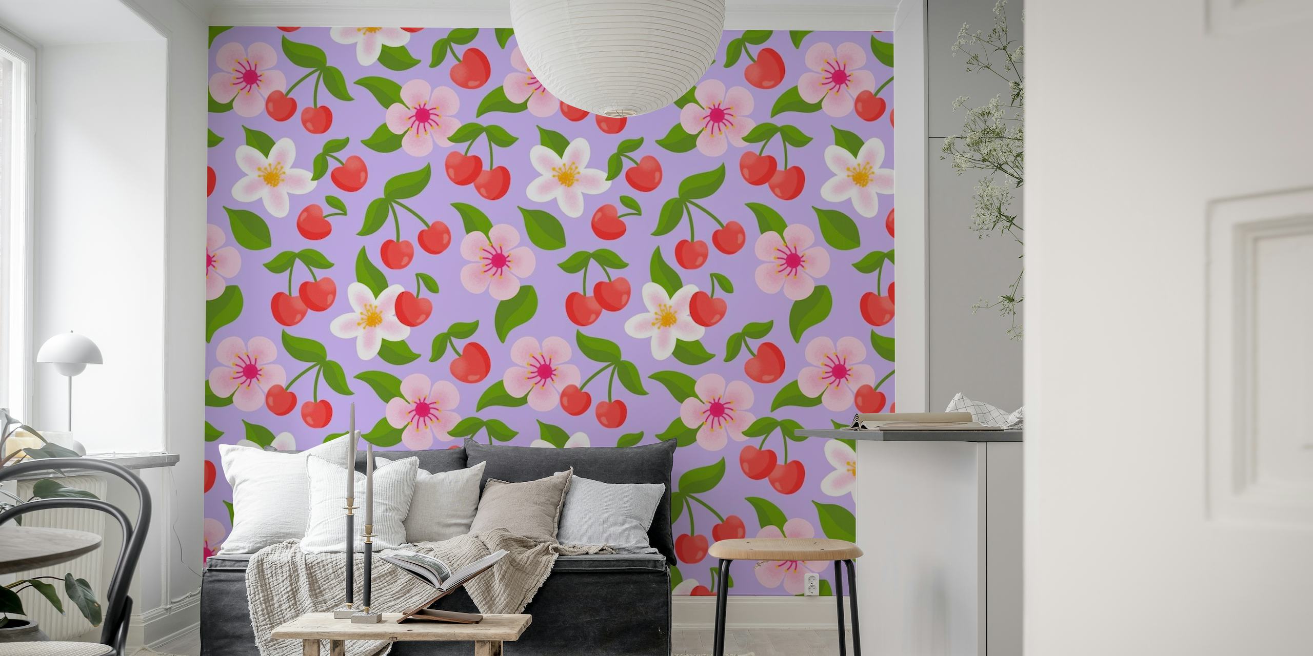 Cherries and Blossoms on Lavender wallpaper