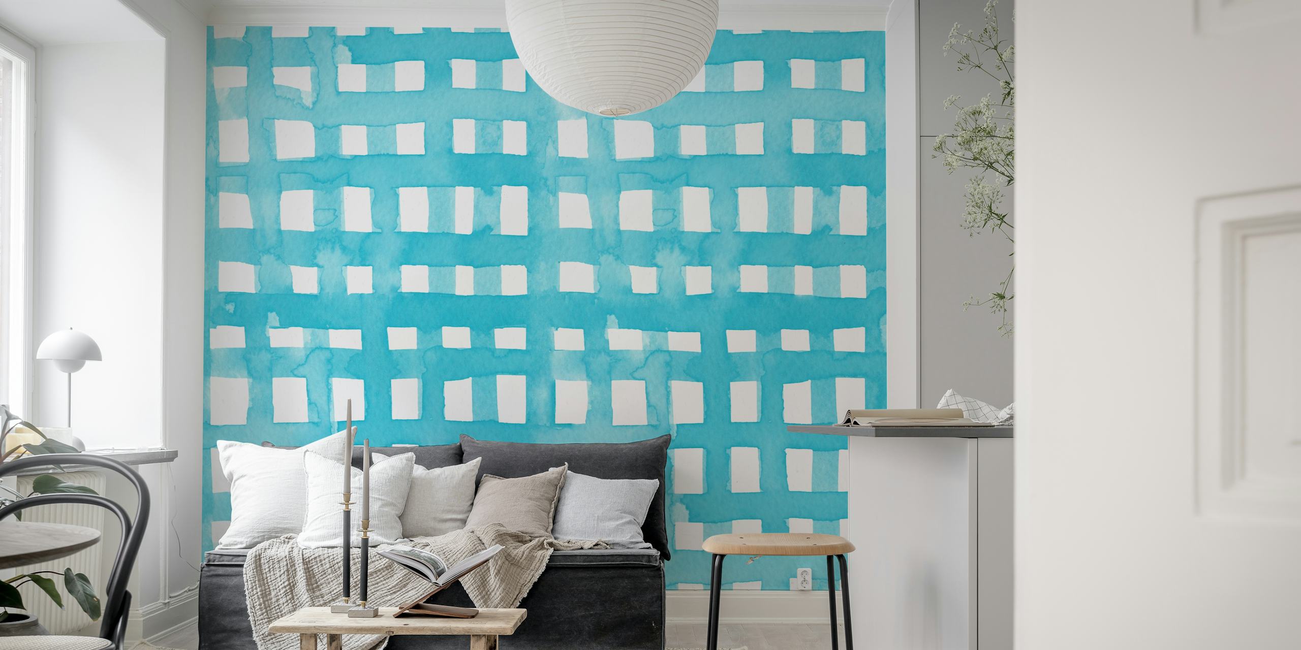 Pastel blue grid watercolor wallpaper displayed in a room