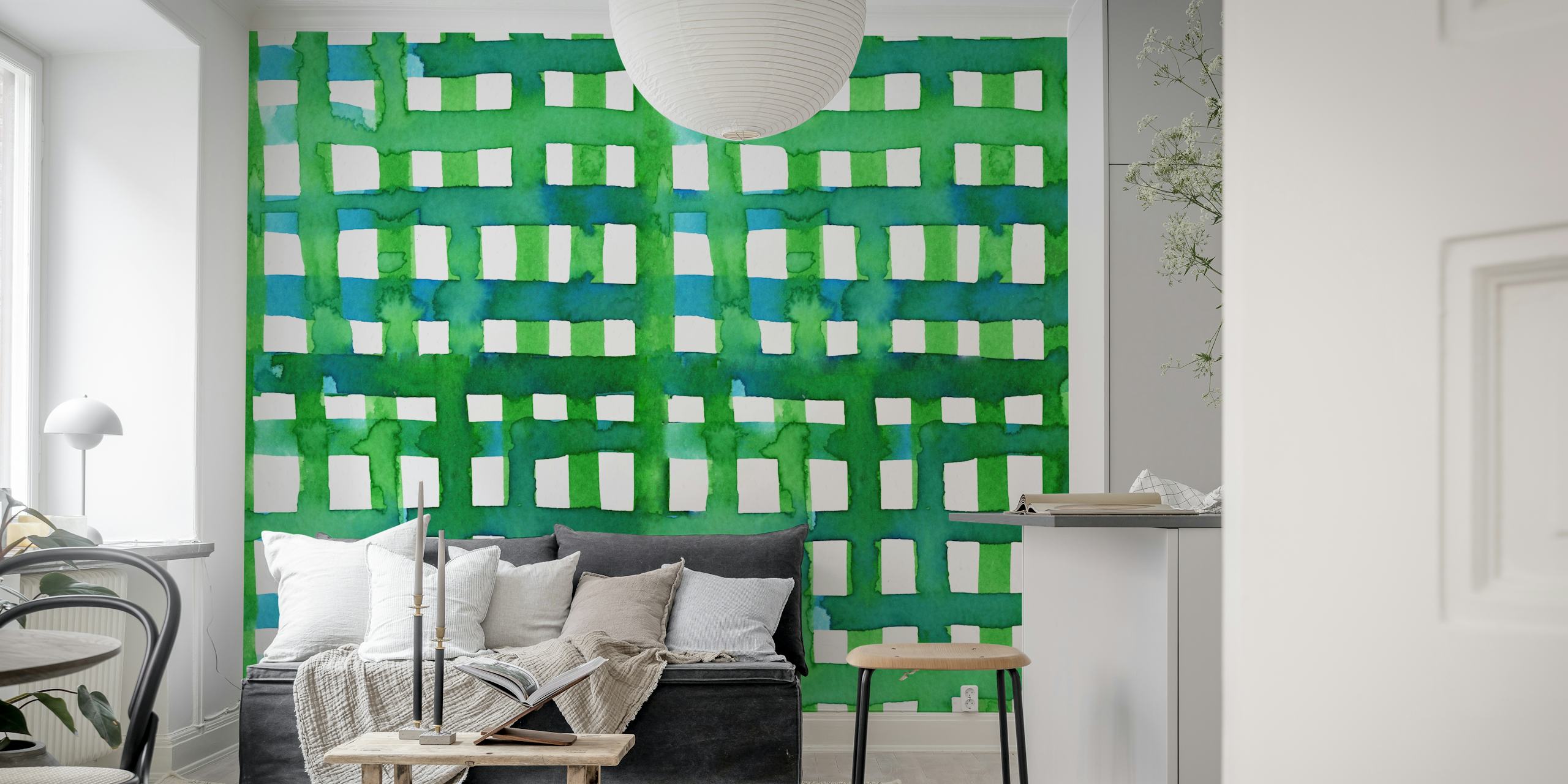 Green geometric grid pattern wallpaper with white squares
