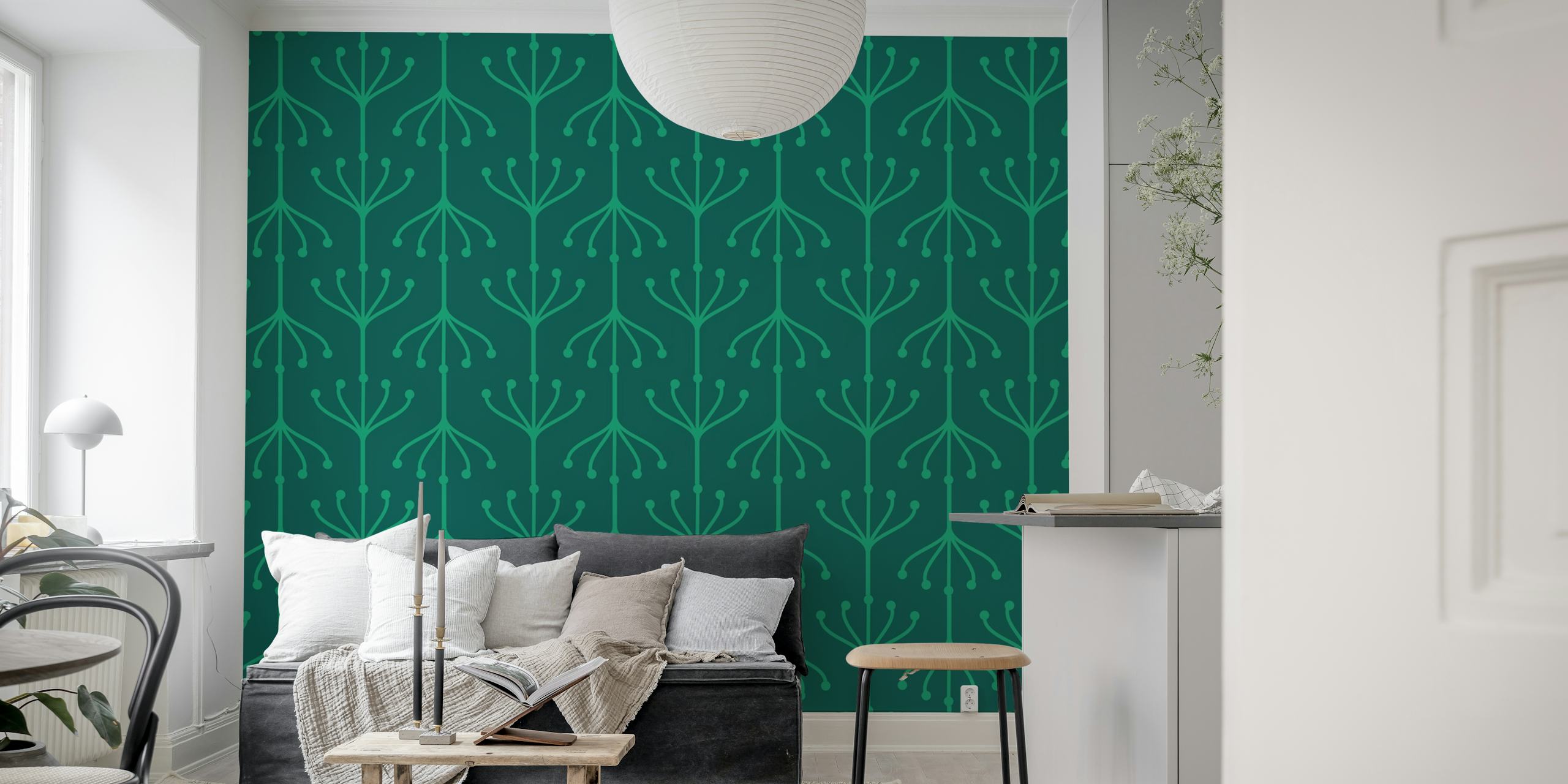 Floral pattern in green with delicate stems and buds wallpaper