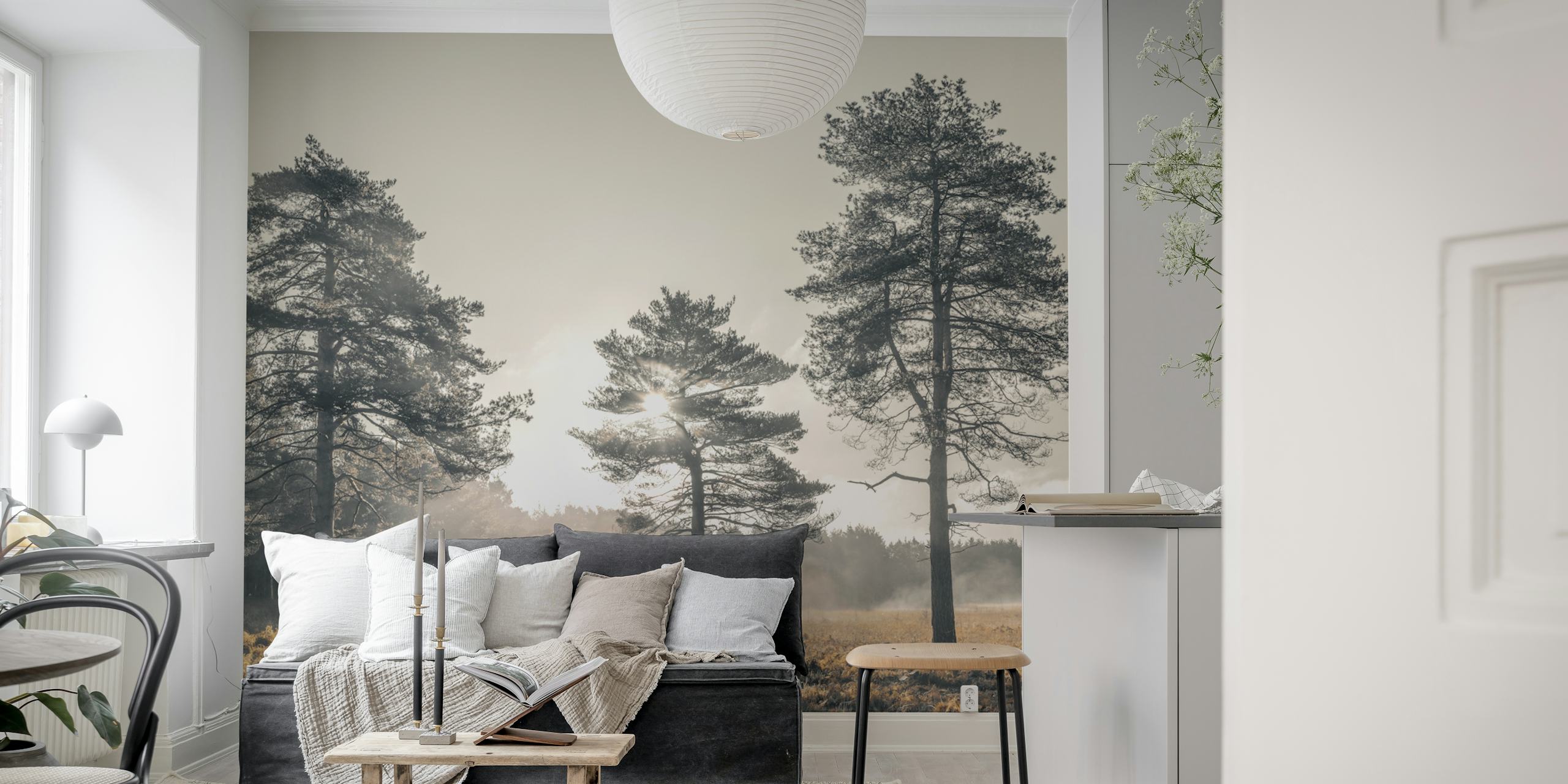 Black and white trees and mist in a forest wallpaper