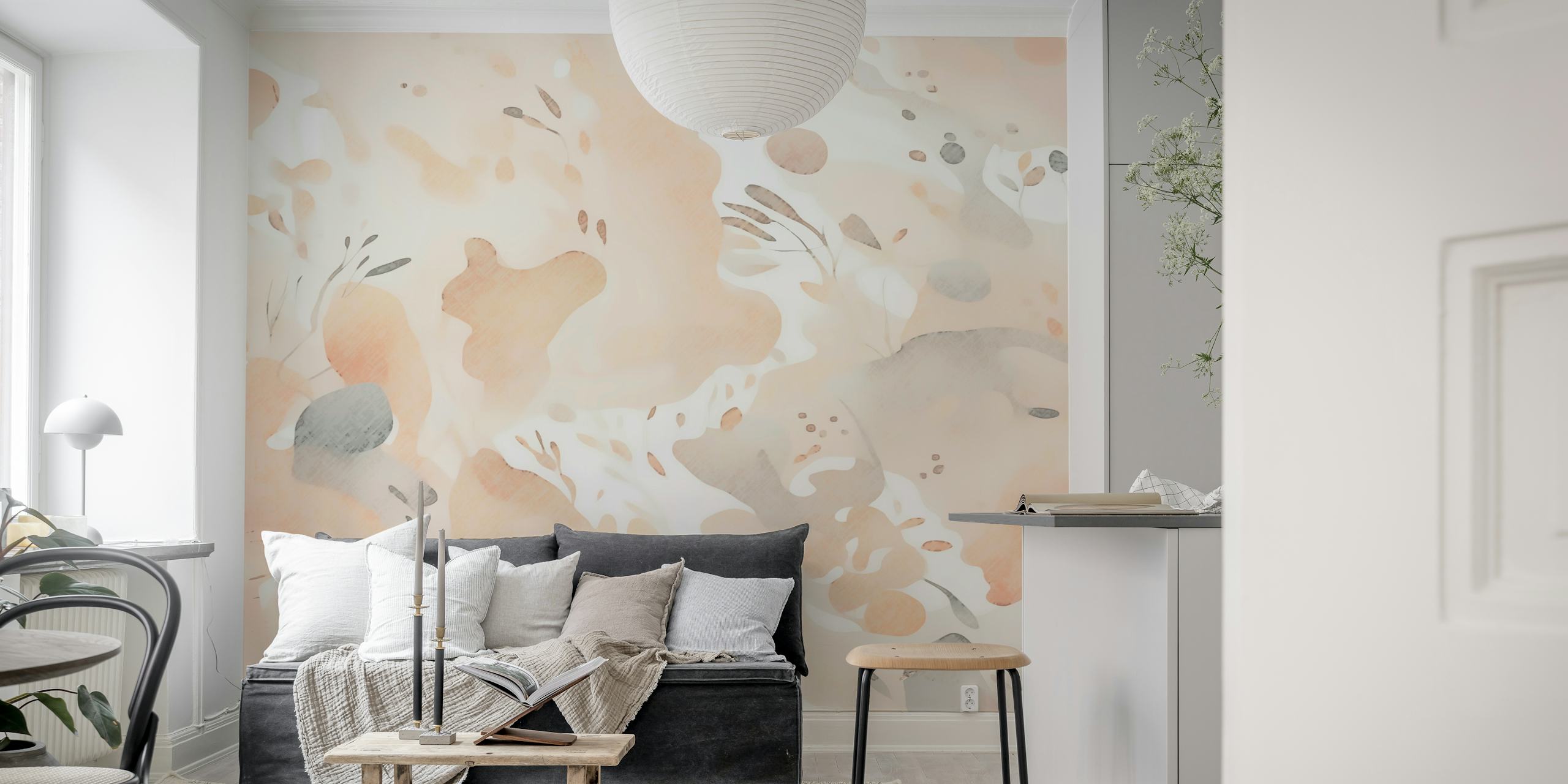 Papier peint mural Soft Peach Wildflower Meadow avec un motif floral subtil