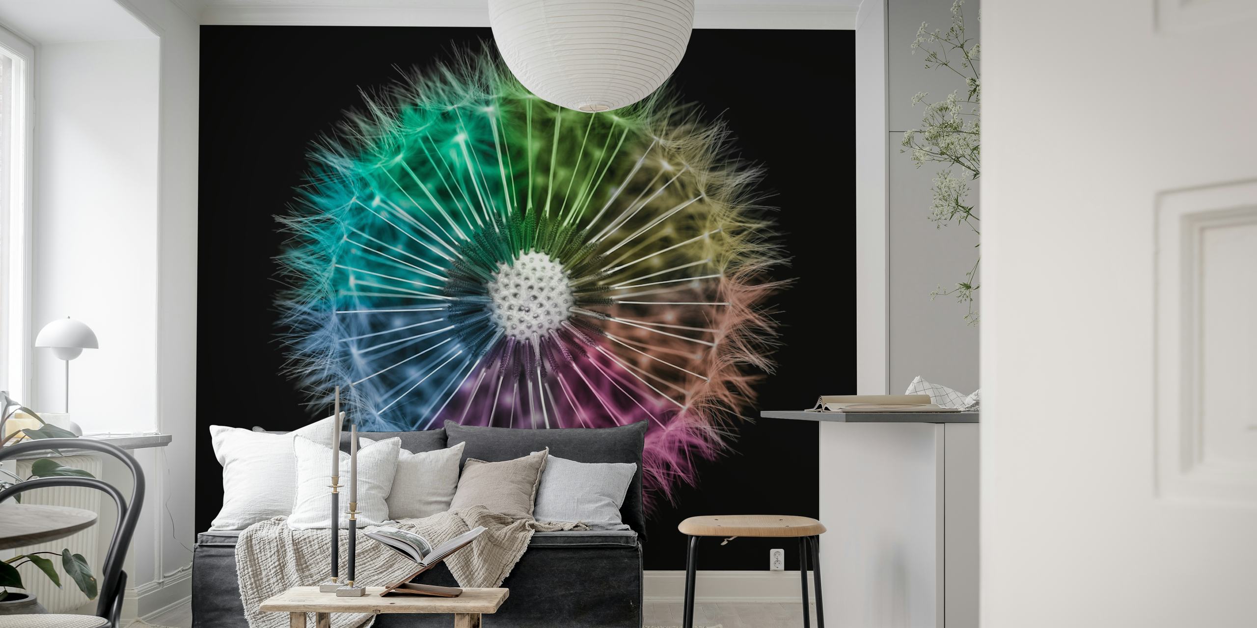 Colorful dandelion pattern with rainbow hues on black wallpaper
