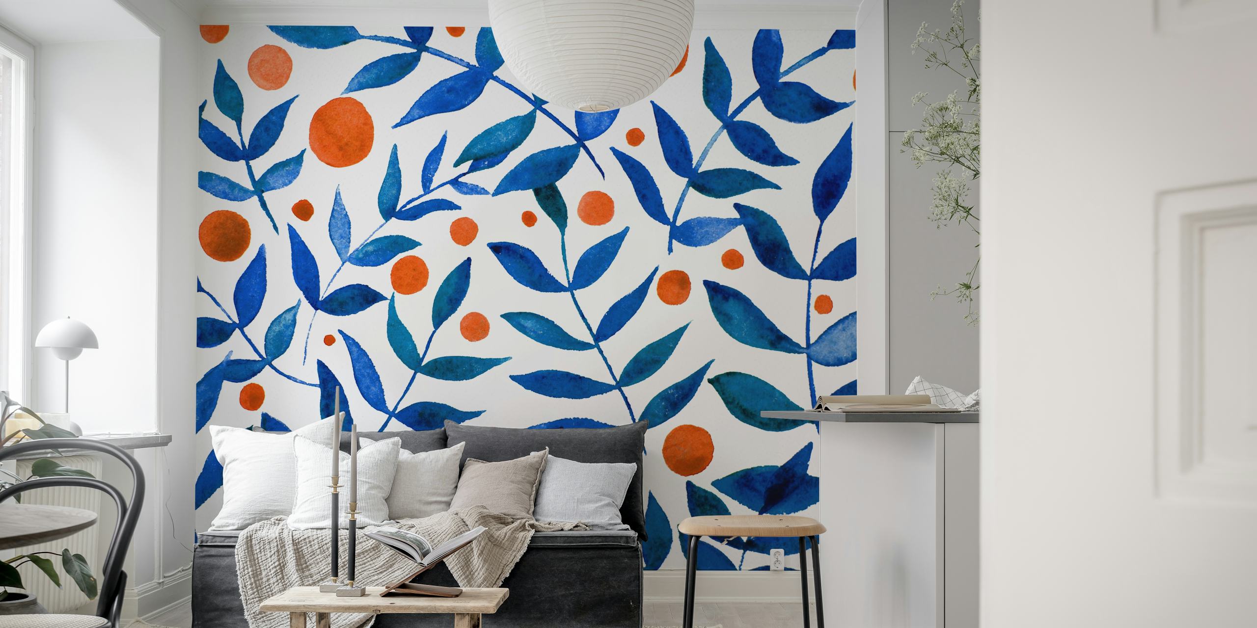 Blue and orange branches and berries ταπετσαρία