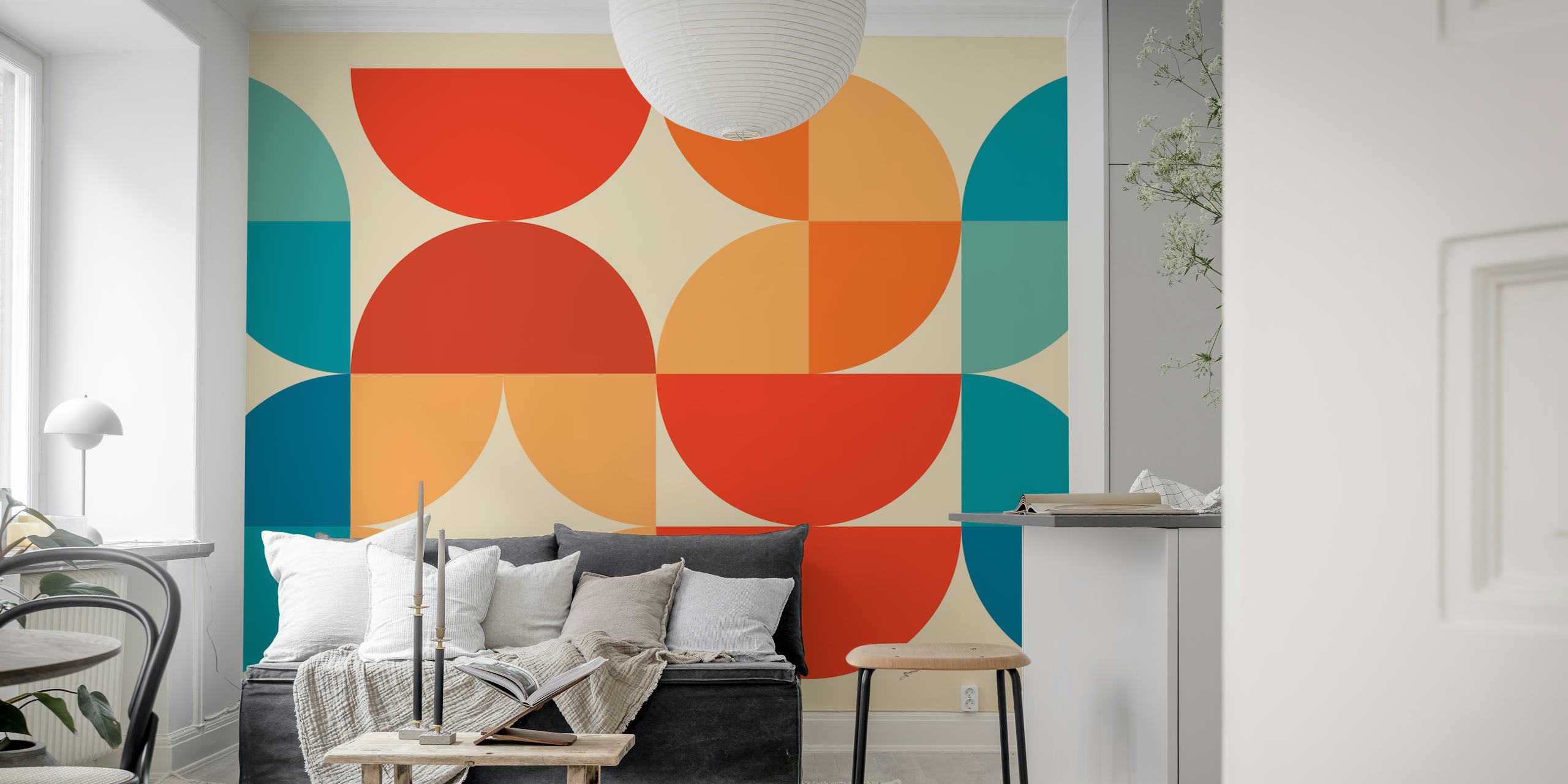 Geometric shapes in red, orange, blue, and teal on a beige background wallpaper