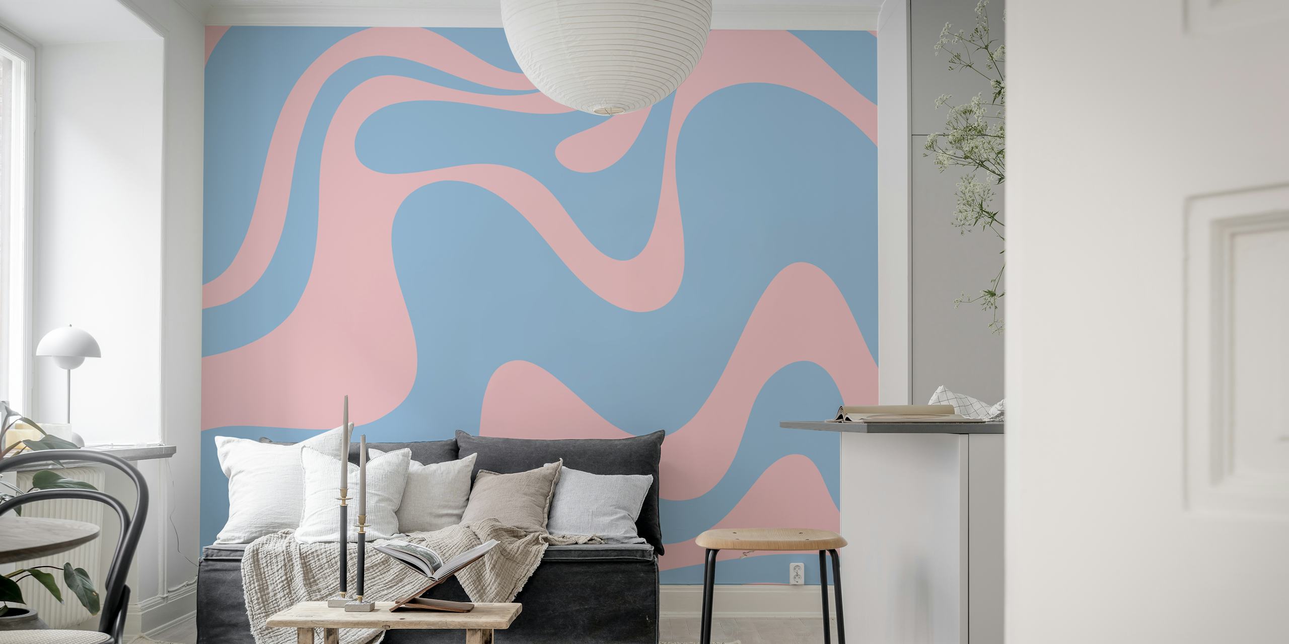 Abstract wavy shapes in pastel blue and pink wallpaper