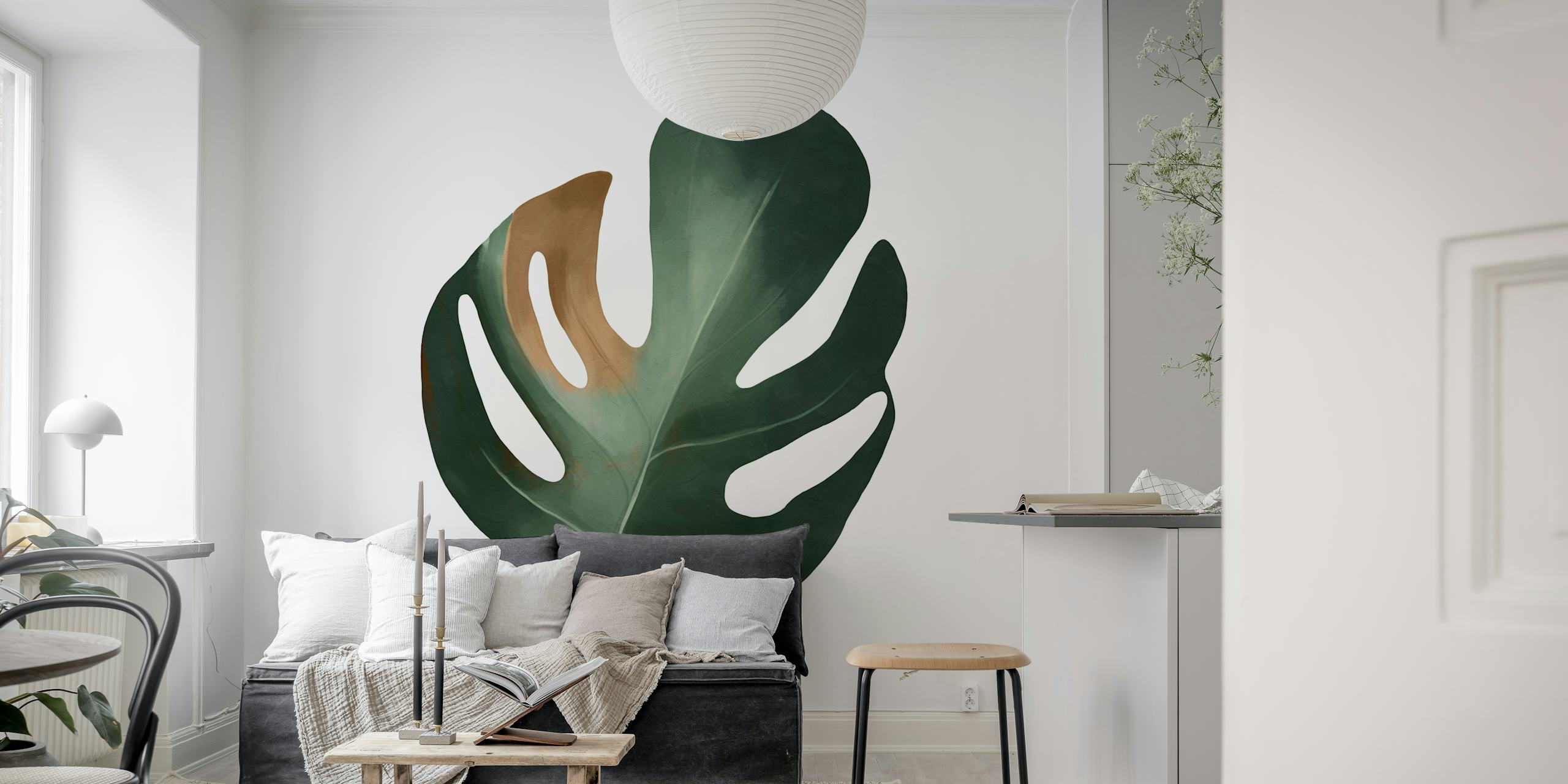 Tropical monstera leaf design in green and brown colors wallpaper