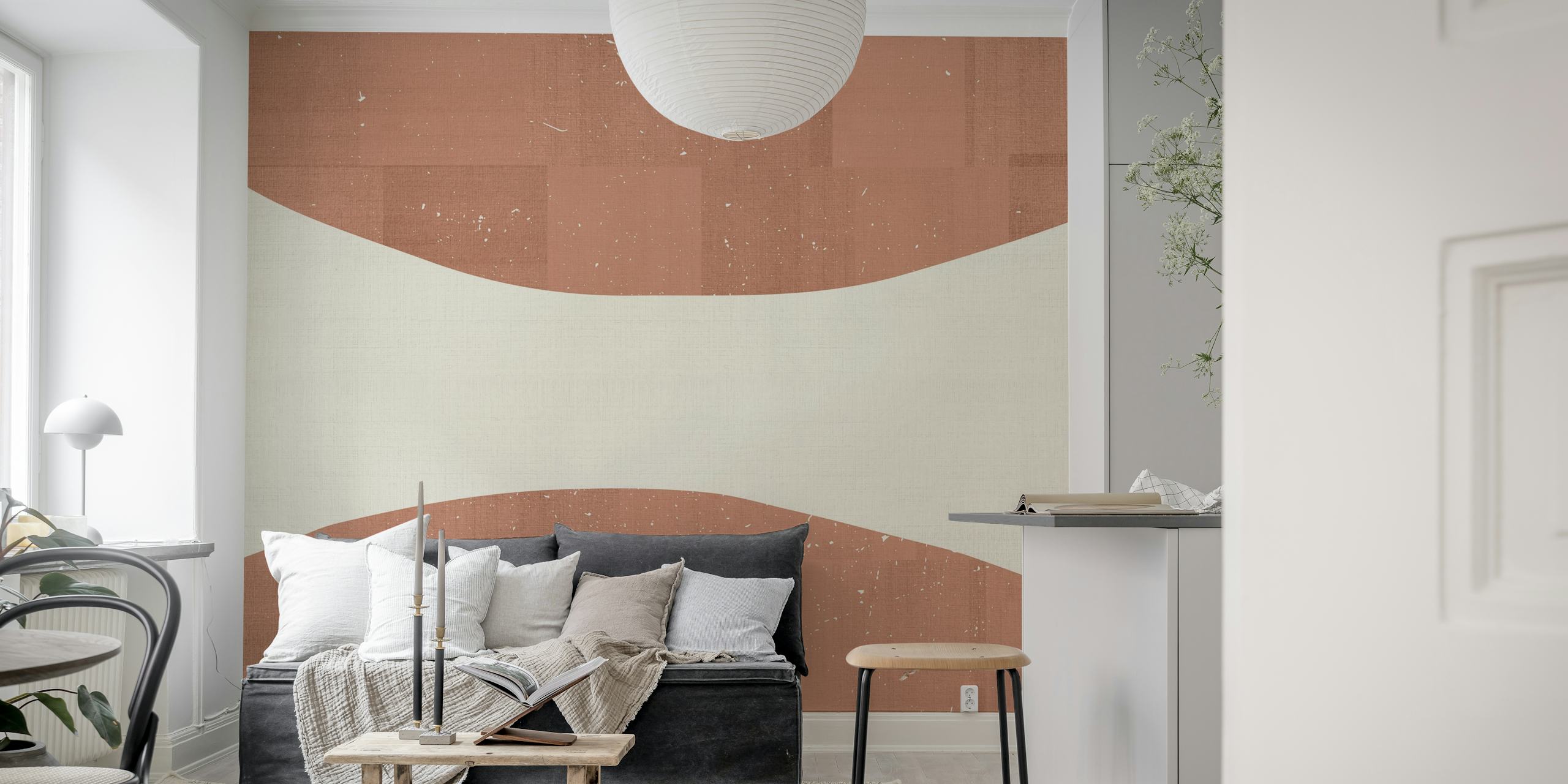 Curved white and sienna patterns with textured wallpaper