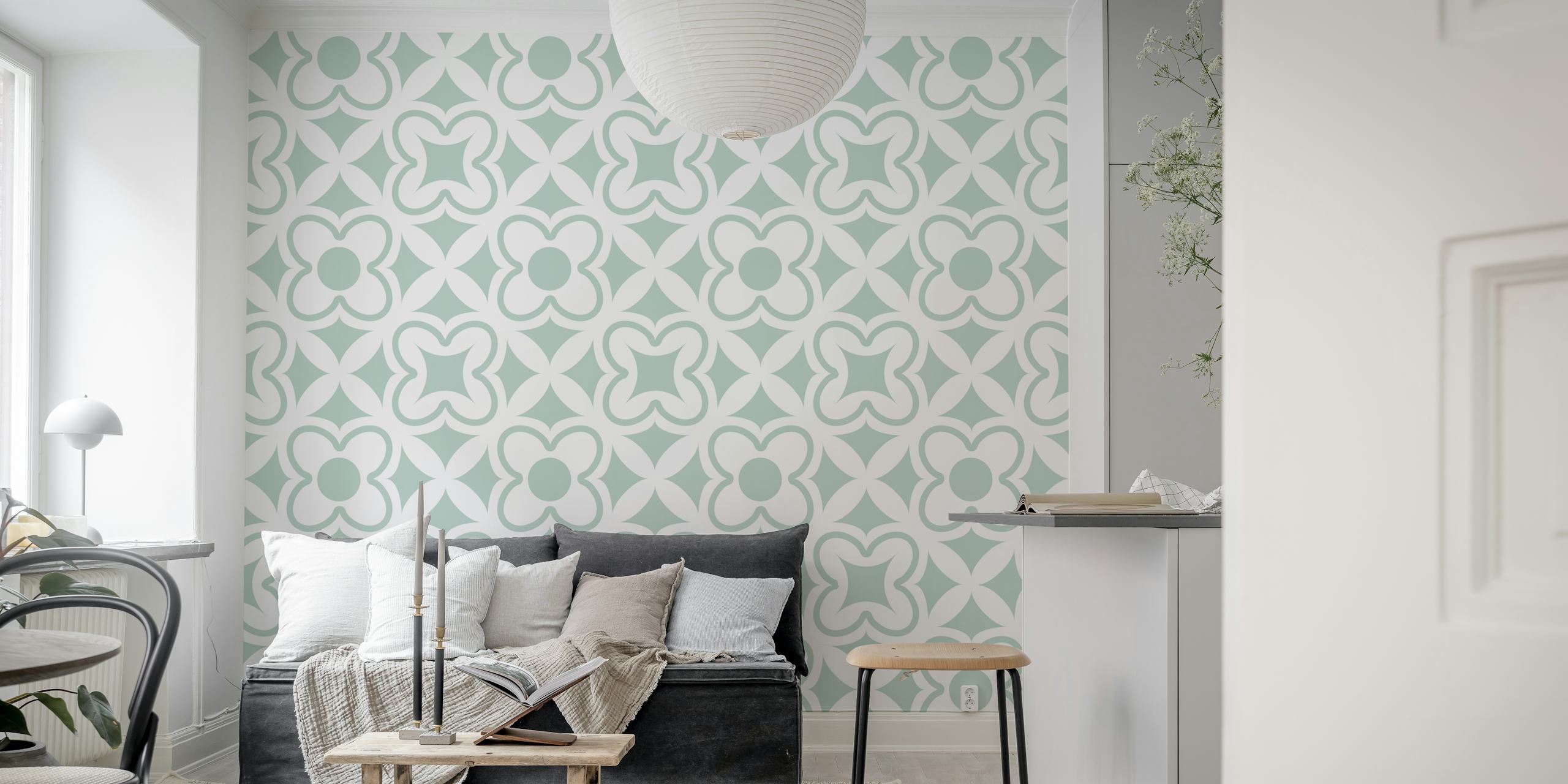 Floral trellis pattern in soft sage green wallpaper