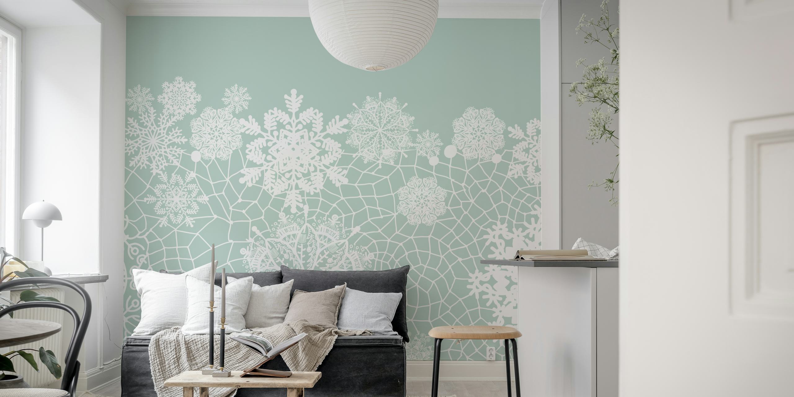 White snowflake lacework pattern on soft blue wallpaper