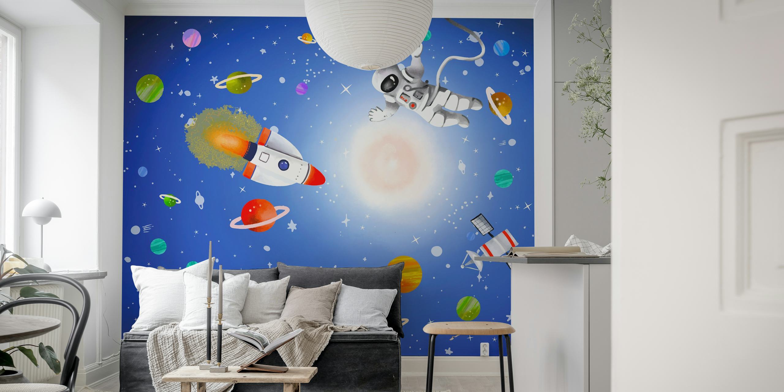 Colorful space scene with planets, rockets, astronaut, blue background wallpaper