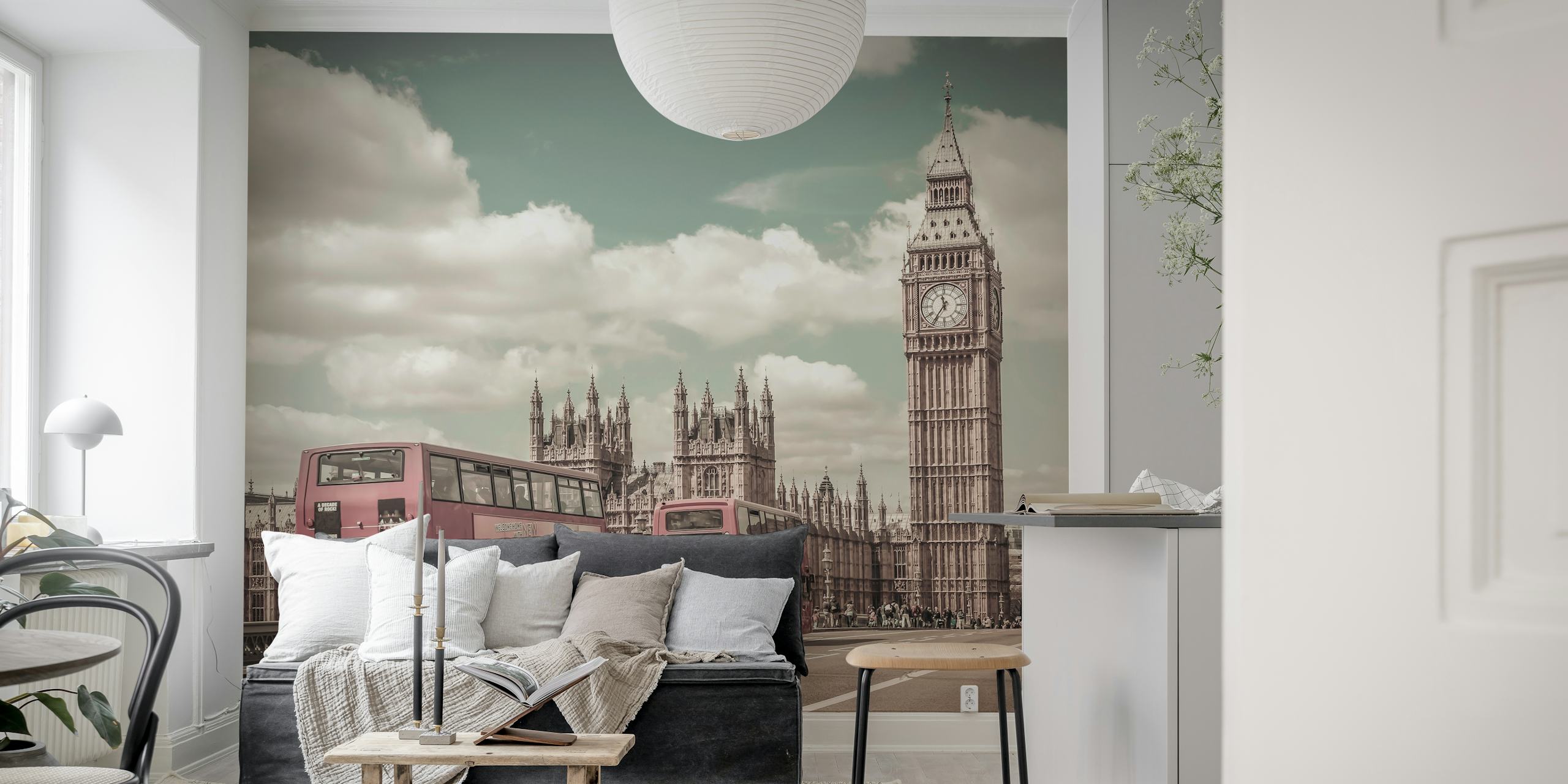 Urban vintage wallpaper featuring London landmarks