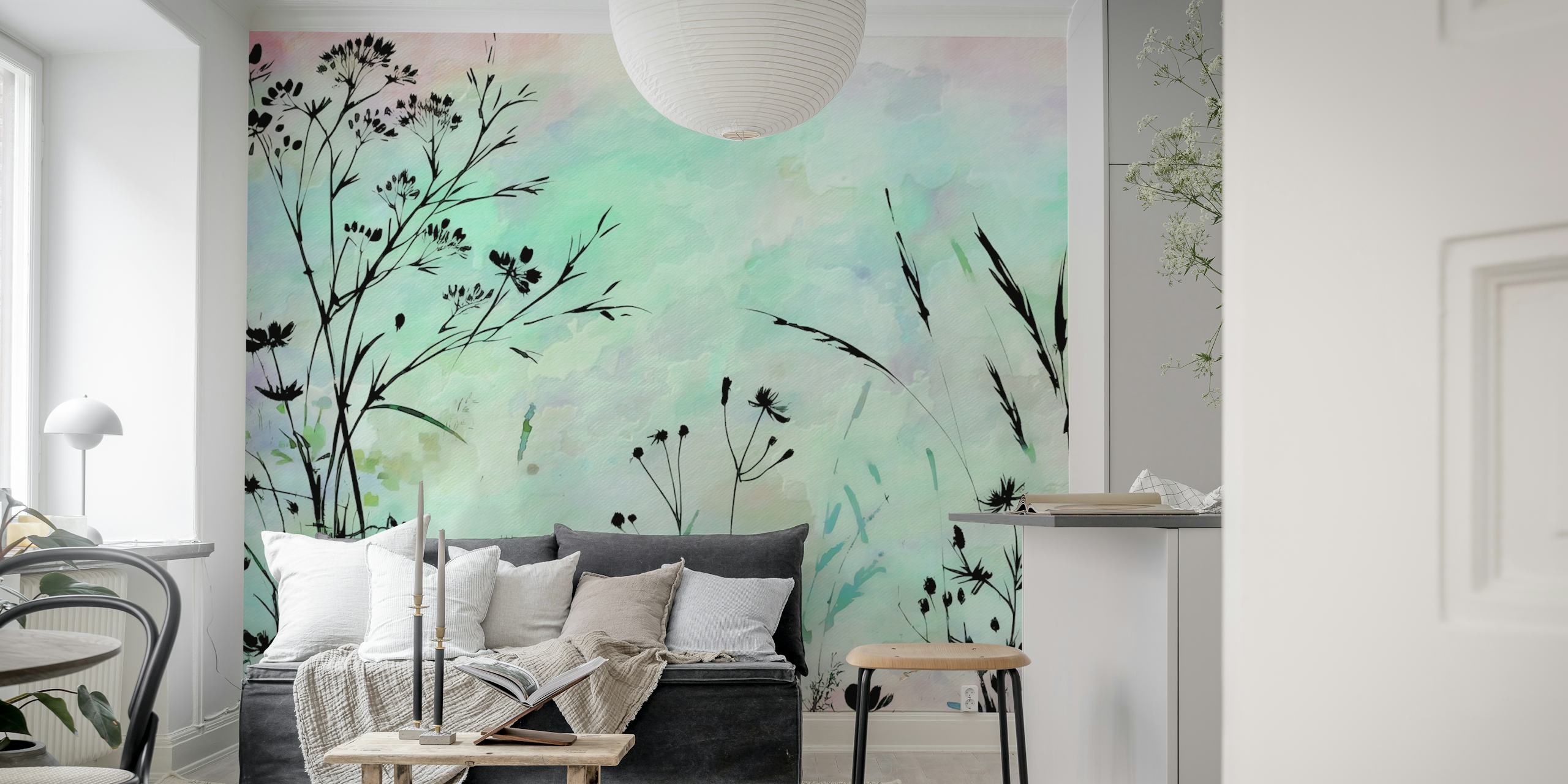 Turquoise floral silhouettes against a pastel background wallpaper