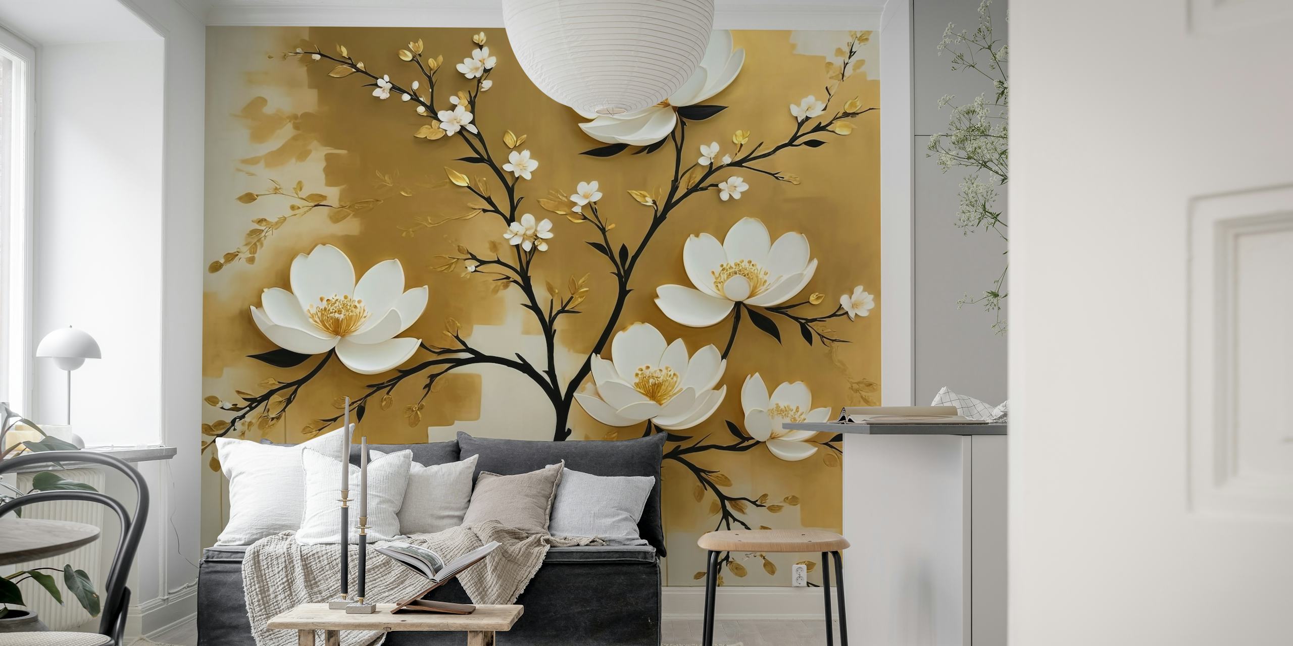 Gold floral design wallpaper with white flowers on branches