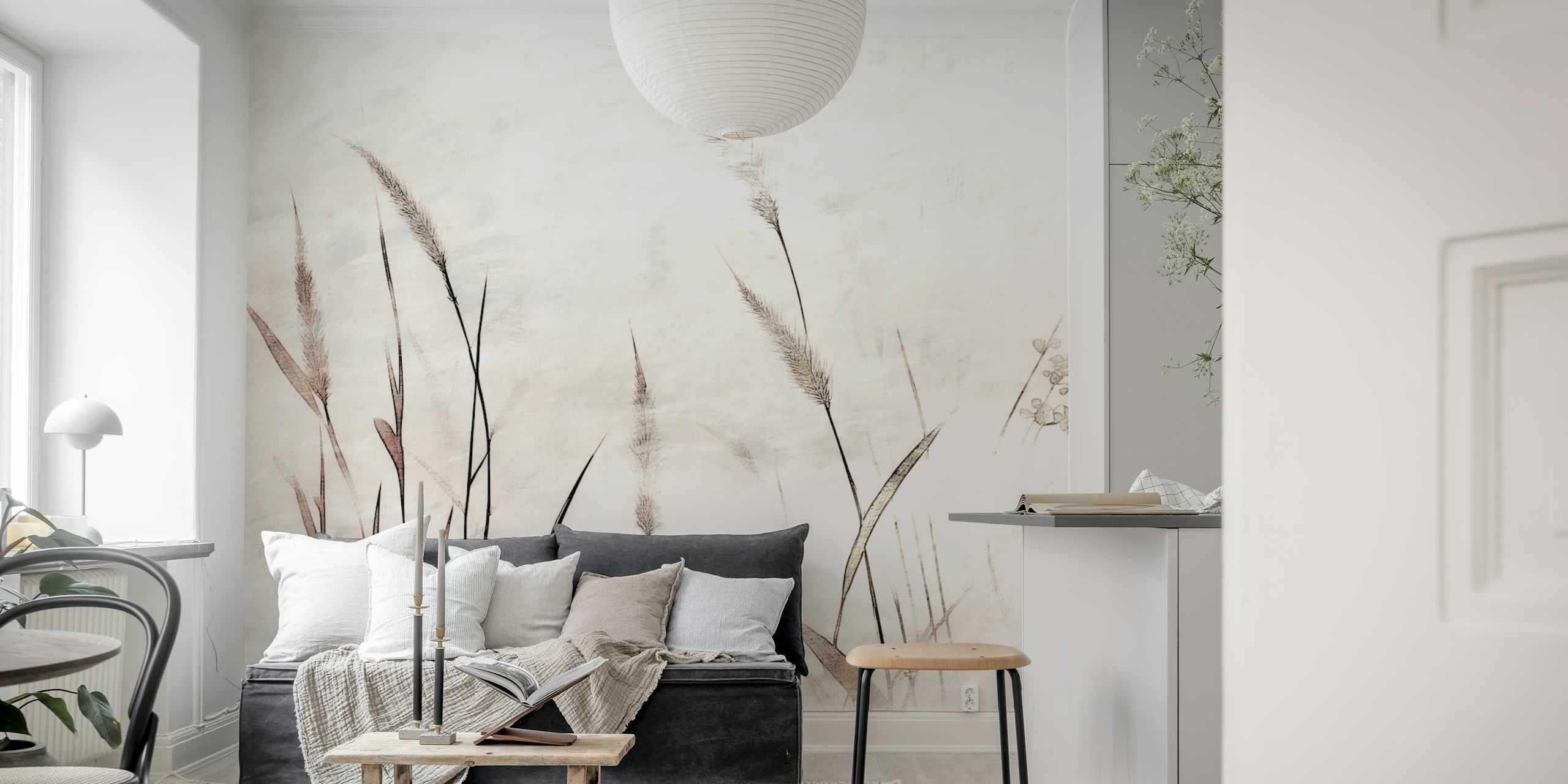 Delicate floral grass design in soft neutrals wallpaper