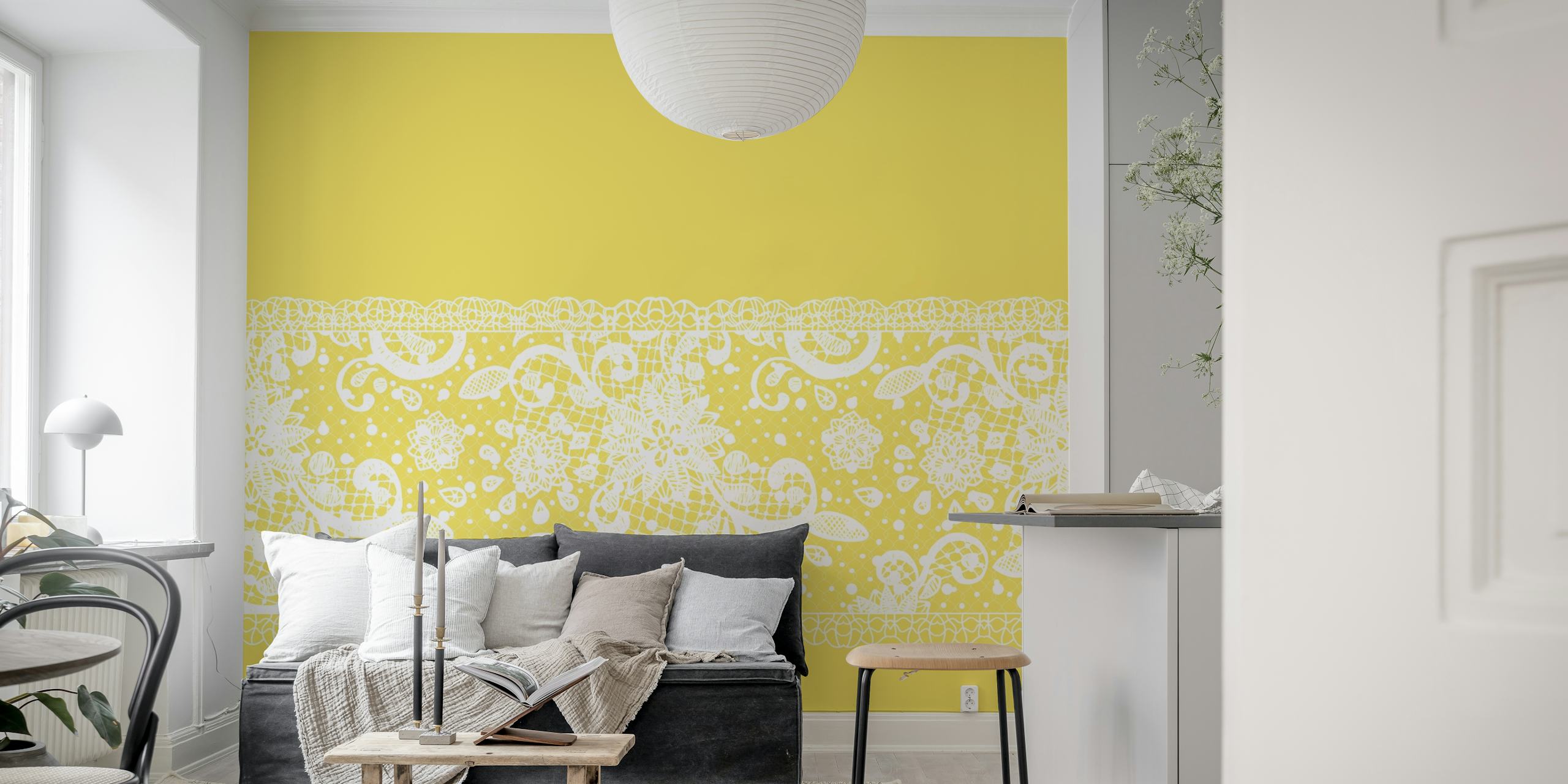 Floral lace pattern in white over sunny yellow background wallpaper