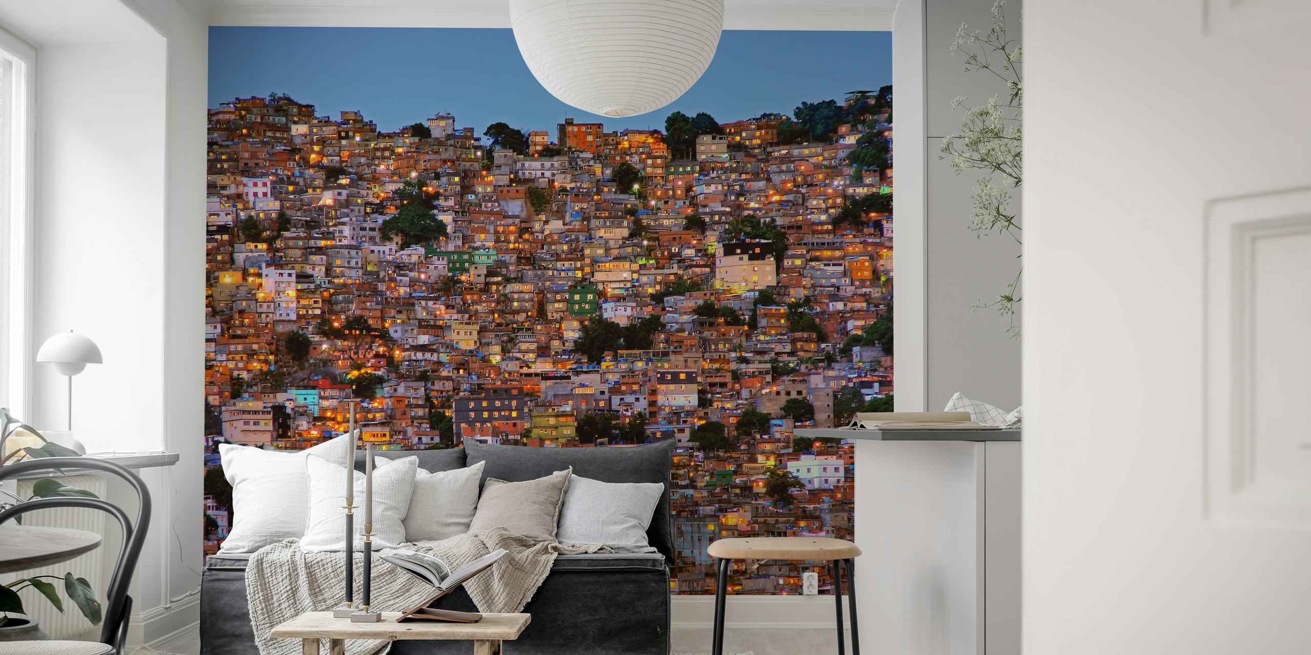 Colorful urban favela city landscape at night wallpaper