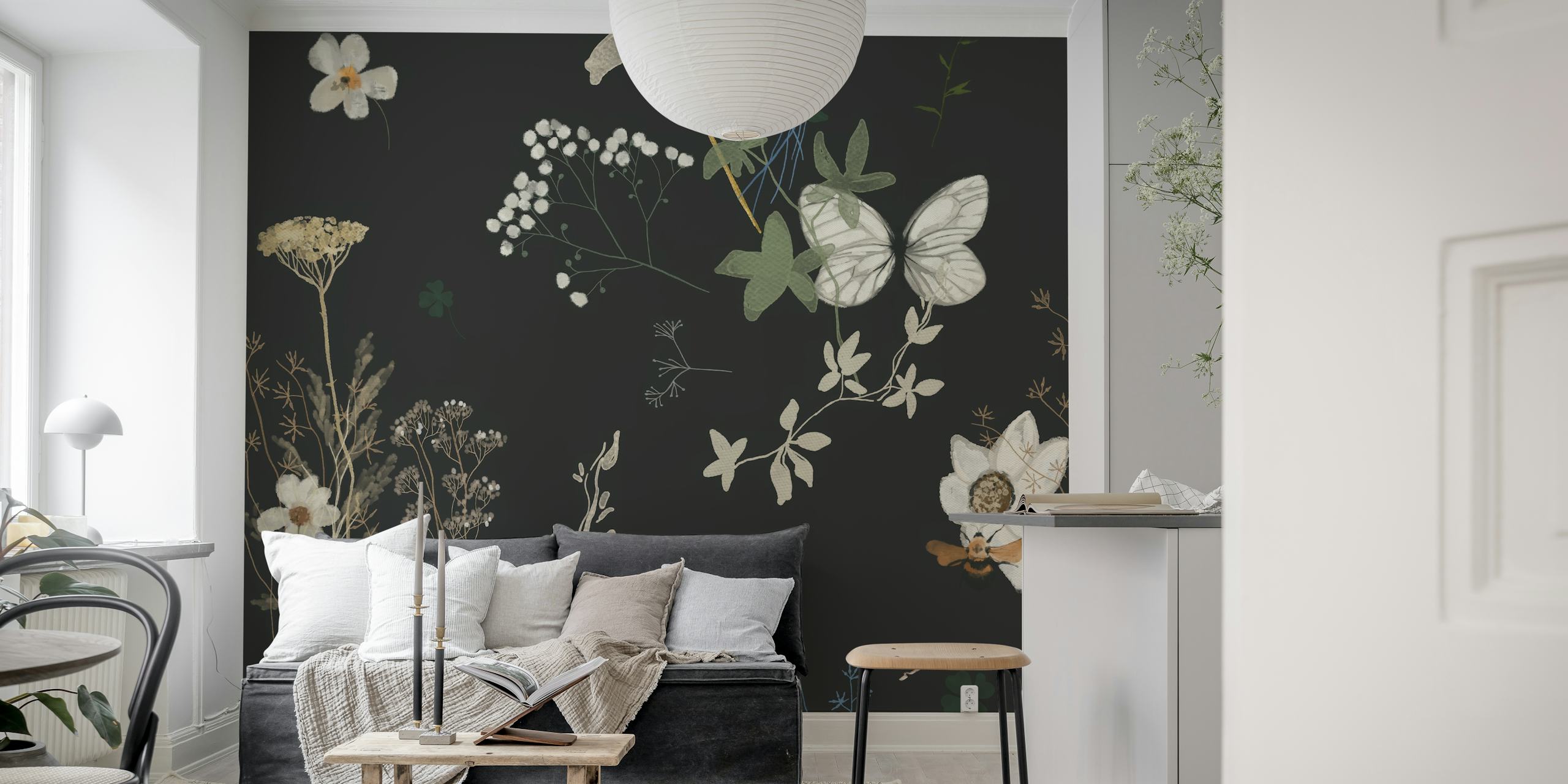 Delicate floral and butterfly patterns on black background wallpaper