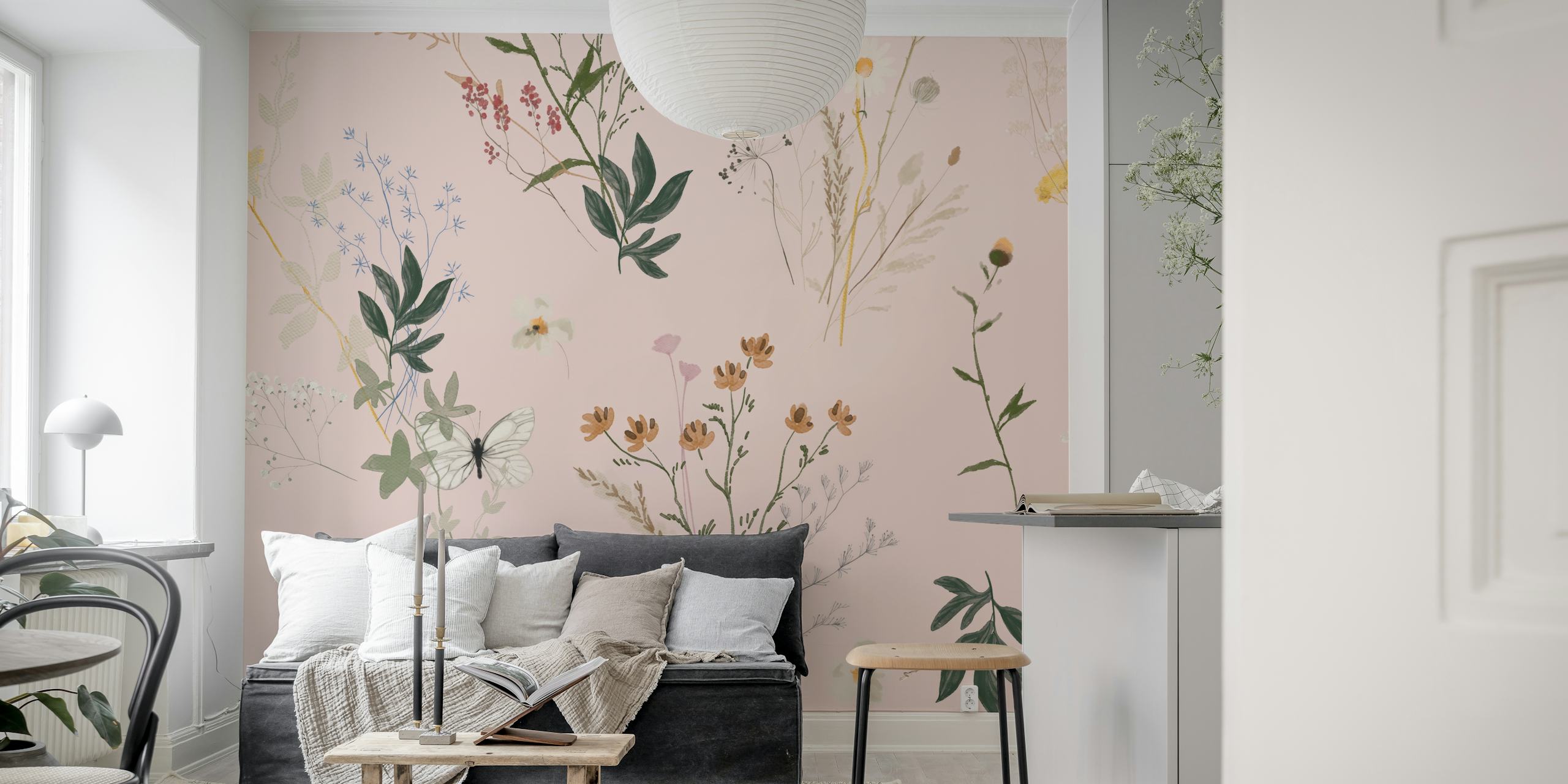 Pink floral wallpaper with wildflowers and greenery