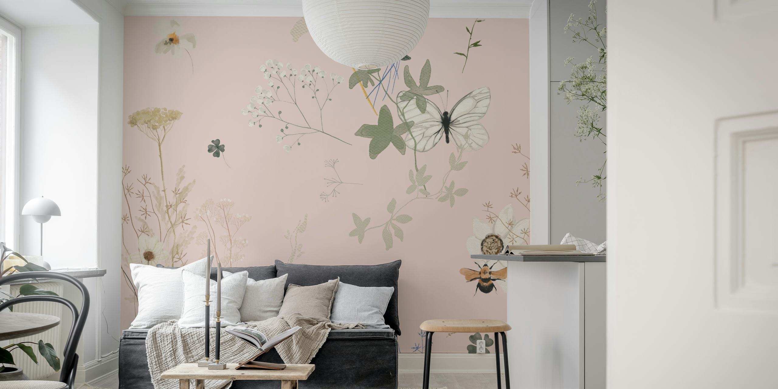 Pink floral wallpaper with butterflies and wild blooms