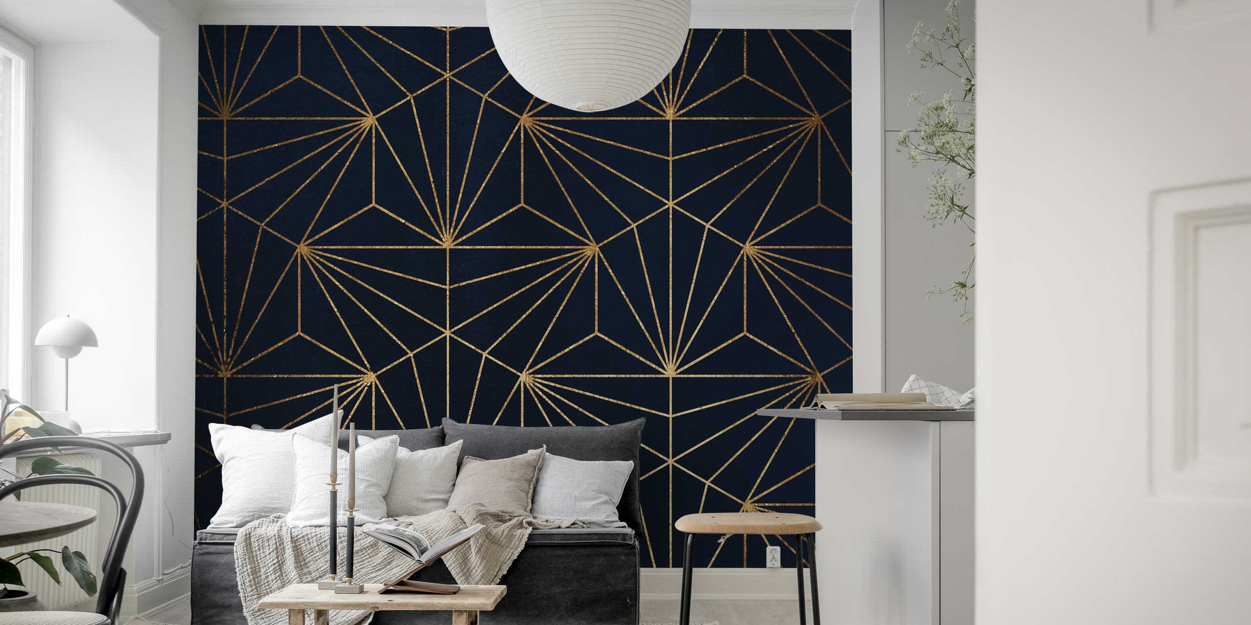 Gold geometric lines on navy blue background wallpaper