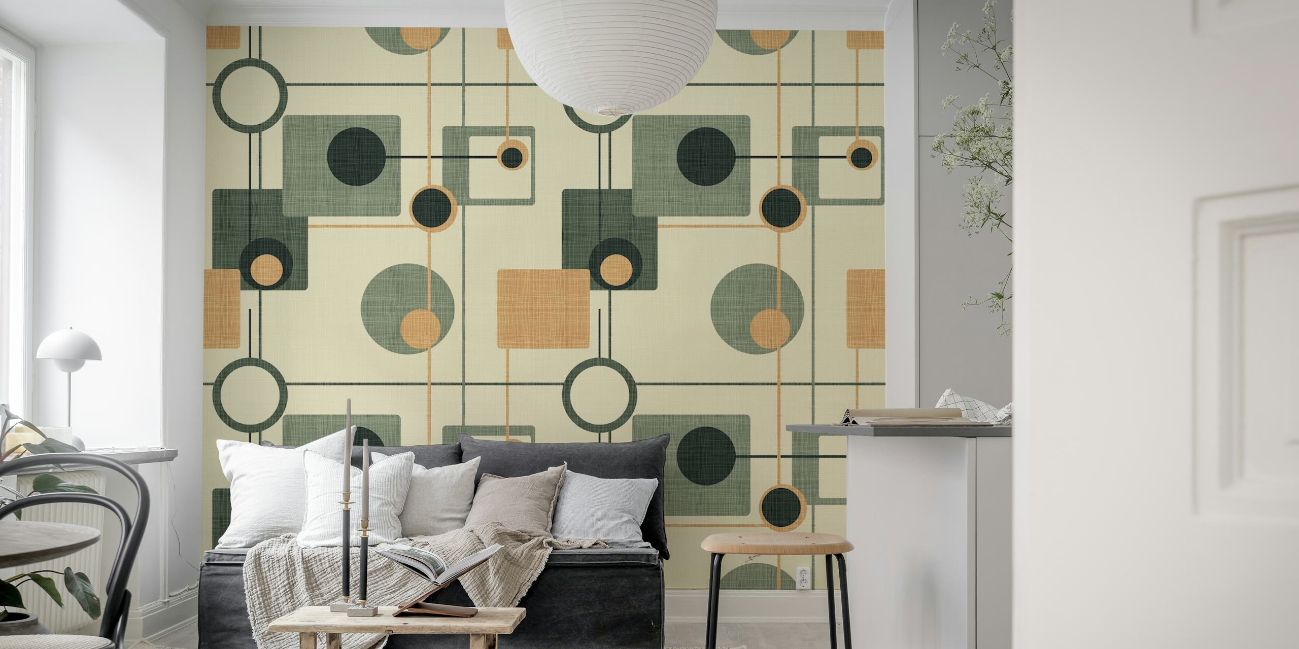 Geometric pattern in orange and olive circles and squares wallpaper