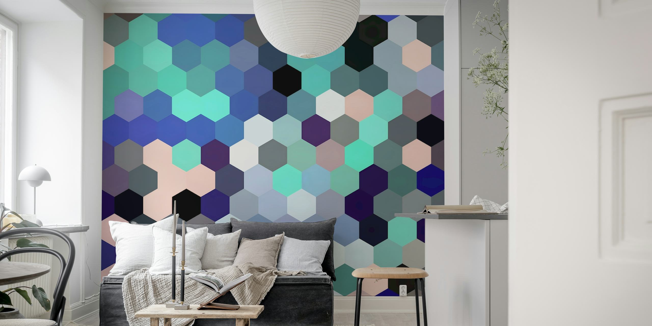 Geometric hexagon pattern in aqua, blue, and pastel colors wallpaper