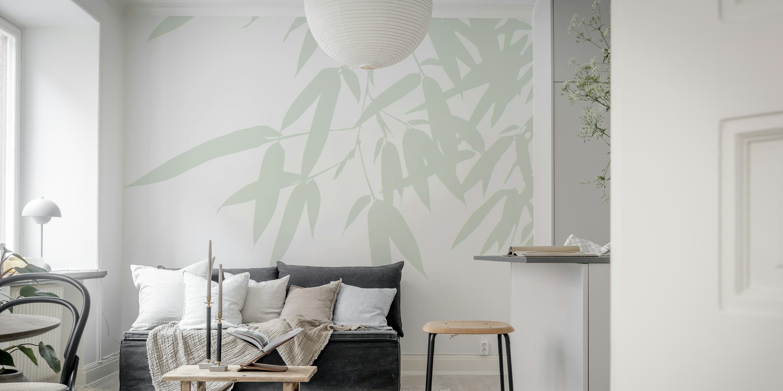 Bamboo leaves in soft green on a white background wallpaper