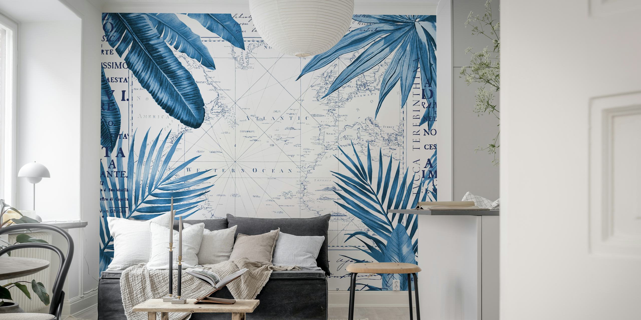 Papel de parede Tropical Journey Vintage Map em um quarto