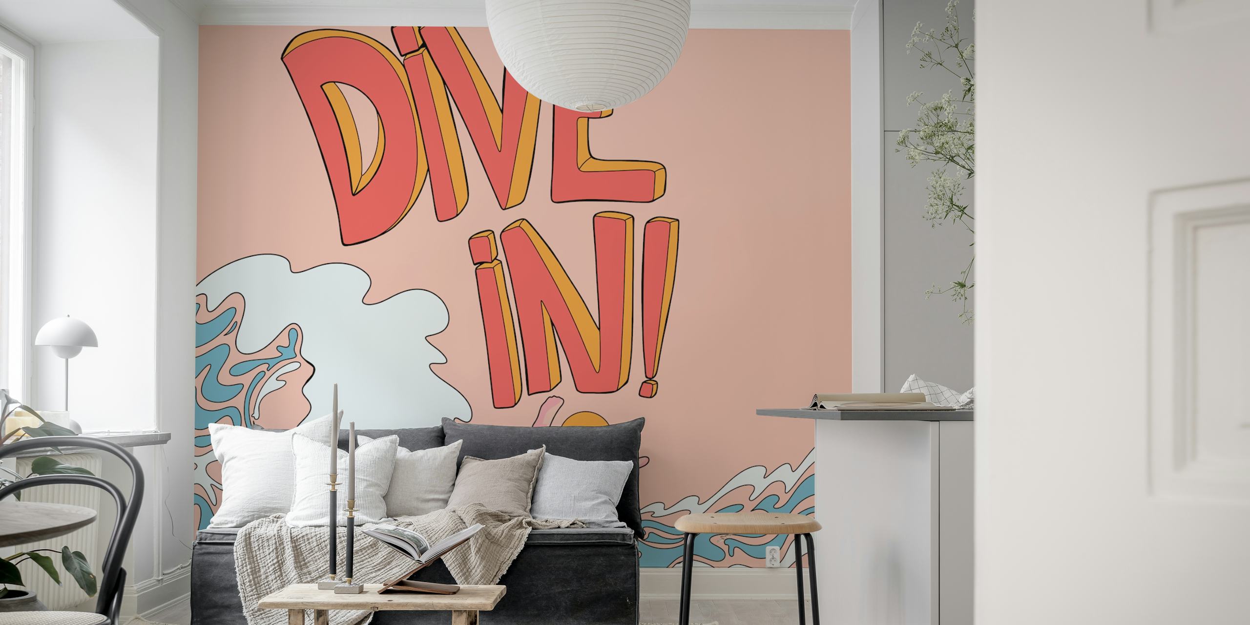 Fargerik tapetdesign med bølger og sol.