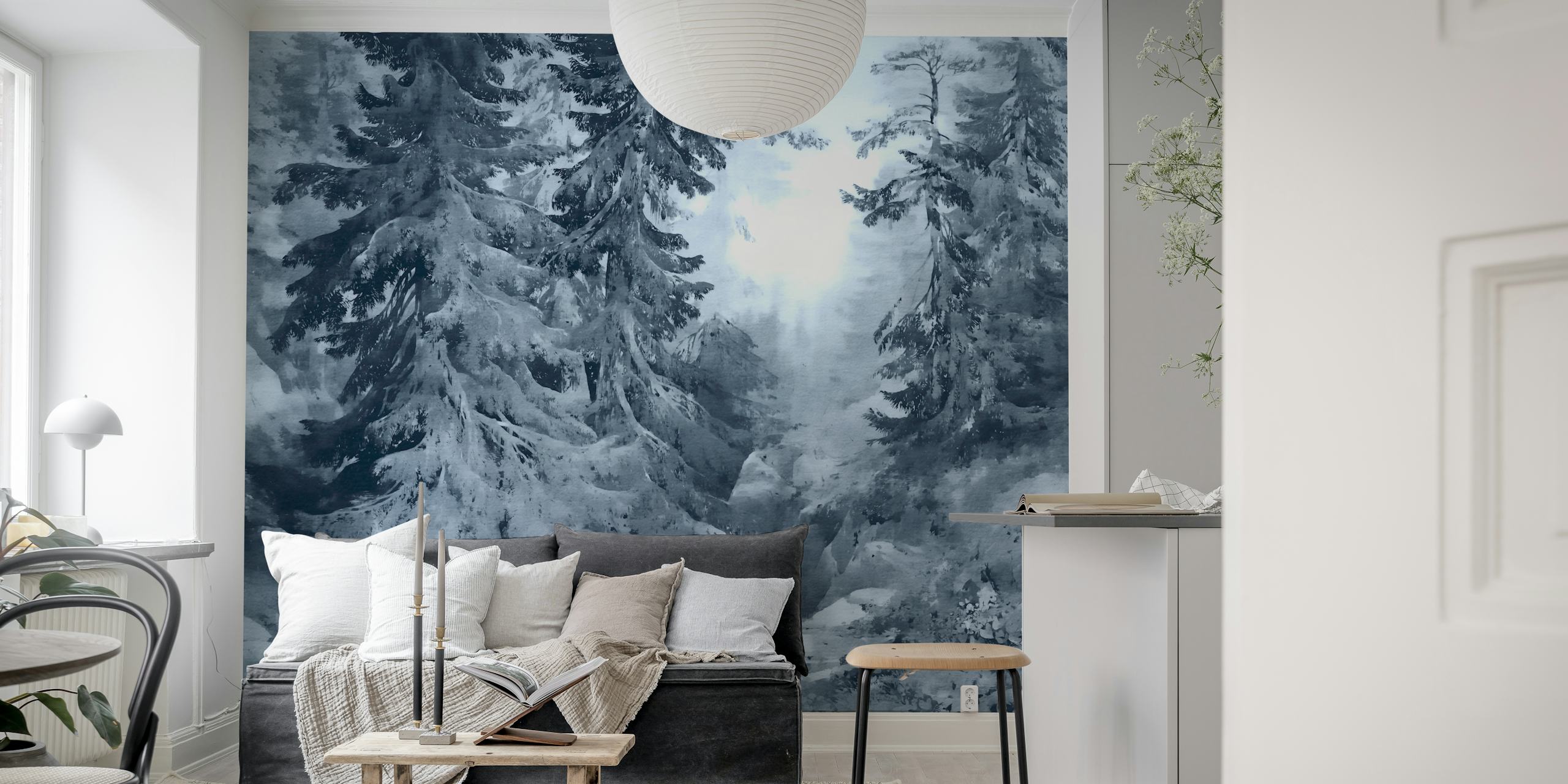 Misty Pine Escape wallpaper displayed in a room